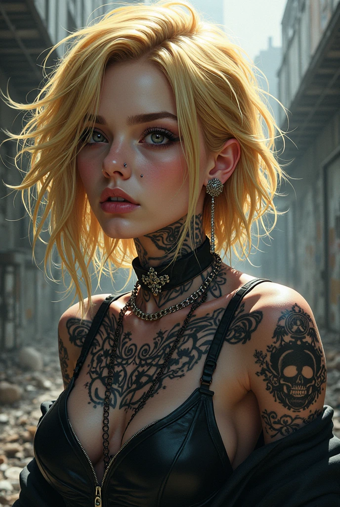 (masterpiece, best quality:1.2), 1girl, solo, a cartoon image of a 20 year old woman , ((Shaved side hairstyle:1.4)), (Punk:1.3), (((asymmetrical hair:1.3)), ((blonde long hair:1.3)) and ((brown shaven hair:1.2)), ((tribal tattoos:1.3)), anime drawing inspired by Ross Tran, tumblr, digital art, anime styled, in an anime style, anime inspired, in anime style, seductive anime girl, high quality fanart, ross tran style, anime styled digital art, anime vibes, attractive anime girl, anime style, (gothic style:1.2) . mysterious, haunting, dramatic, (minimal, ornate), aesthetic, eerily beautiful, dark surrealism, best quality