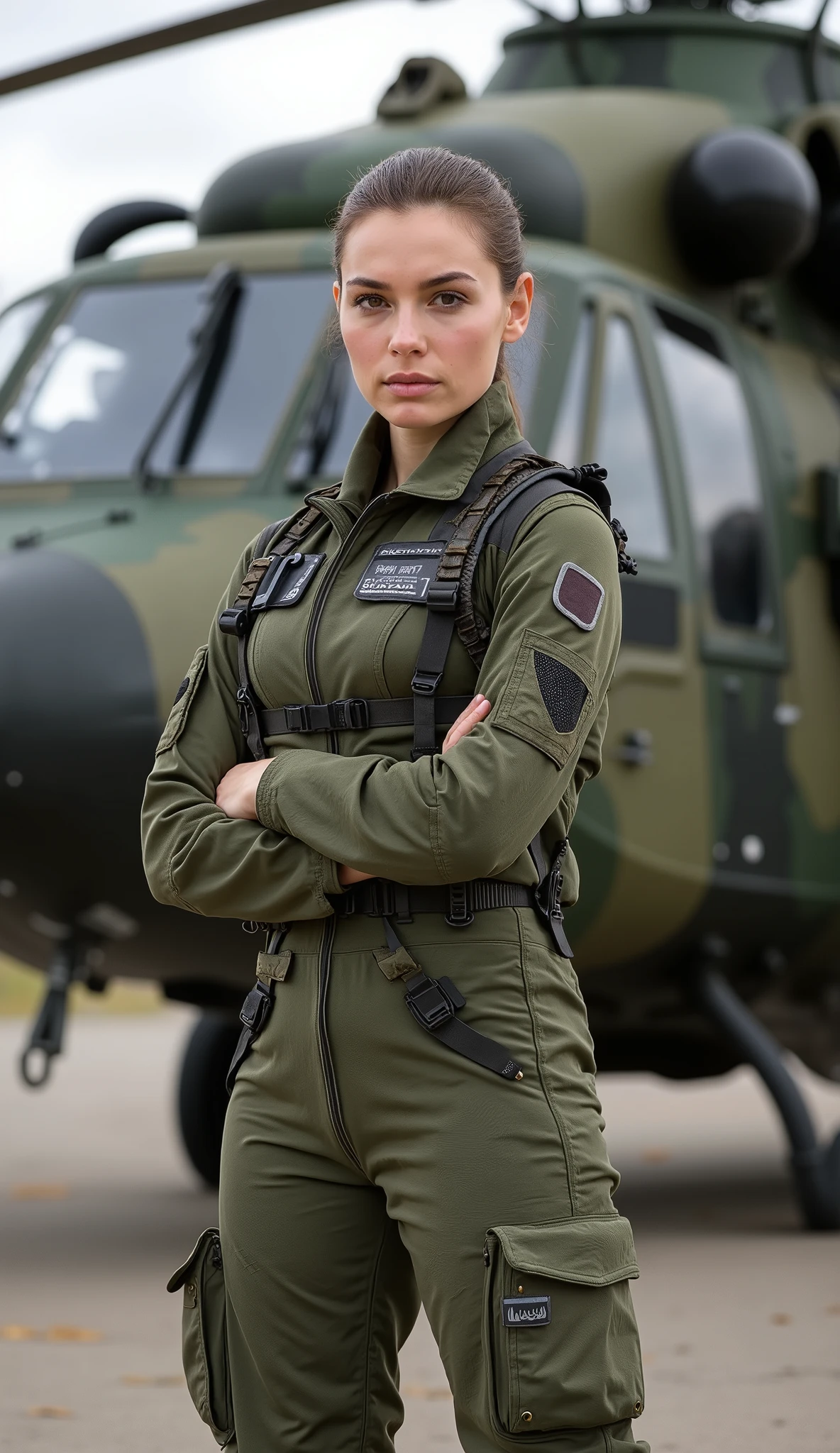 Create an image of a stunning 20-year-old Hungarian female combat helicopter pilot, captured in a 3/4 body portrait, standing confidently in front of Hungary's most advanced attack helicopter. Her hair is neatly tied back, presenting a disciplined and professional appearance. Her expression is serious yet composed, exuding confidence and authority. She wears a tactical pilot uniform made from durable material suitable for high-performance combat situations, complete with a flight suit featuring zippered pockets and reinforced sections for practicality. The uniform is complemented by sturdy black boots and gloves, designed for agility and safety in intense environments.
The pilot stands in a strong, composed pose, arms folded across her chest, with a direct and confident gaze toward the camera. The background features Hungary's advanced attack helicopter, painted in a camouflage pattern, symbolizing Hungary's military power and innovation. The setting is a military base or an open airfield, emphasizing the strategic importance of both the pilot and the helicopter.
The pilot's attire and poised stance reflect her role as an elite soldier, prepared for any mission. The image should convey a sense of strength, professionalism, and cutting-edge military technology. This composition highlights the pilot's readiness and authority, paired with the advanced machinery she commands.