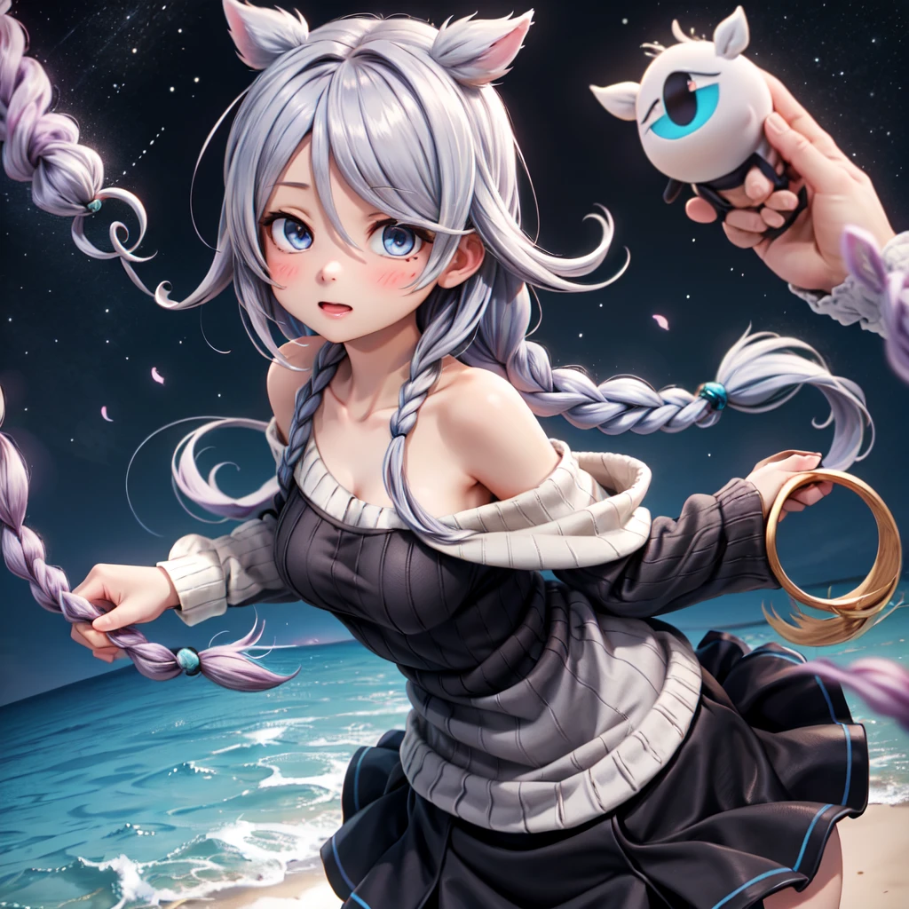 girl、、Bink、leotard、whole body。blue eyes、Gray Hair、functional、Seductive pose、front、noon、Outdoor、garden、Beach、No cat ears。