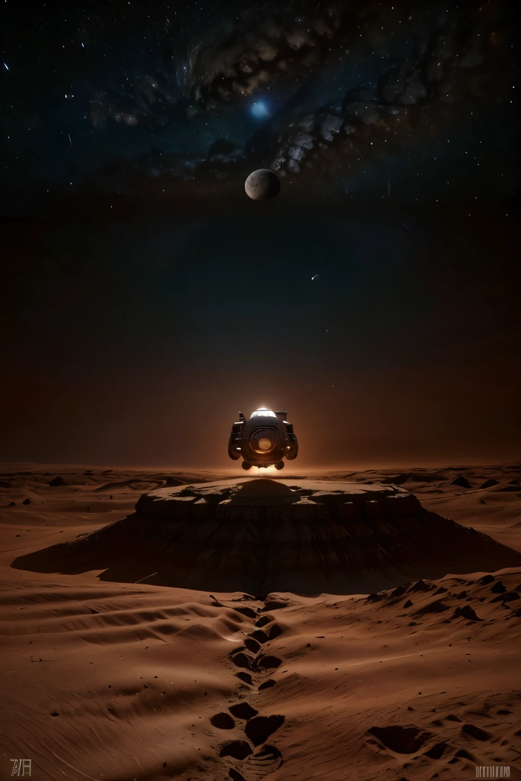 a space module landing on the surface of a planet, 8k highly detailed, photorealistic, cinematic lighting, dramatic, epic scale, realistic space shuttle, moon rover, astronaut walking on the moon, American flag, craters, rocky terrain, planets or moons visible in the background, dramatic shadows, vivid colors