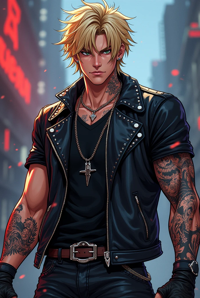 A young blond man with very short hair, clear skin, high, muscular, dressed in a white sleeveless shirt, chunky silver necklace, blue jeans and tattoos all over his arm. Very short hair almost shaved, beautiful, bright, with bright colors, dangerous aura, HD, anime style