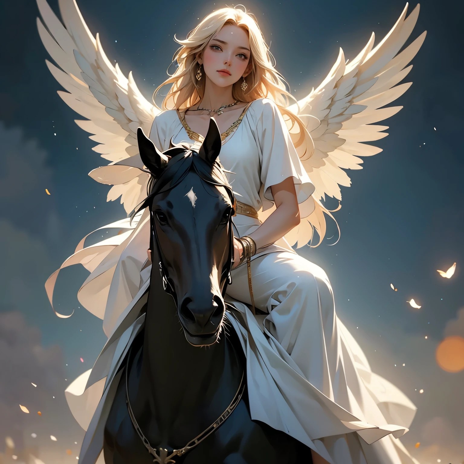 Goddess of War, Winged Valkyrie, Spear and Shield, Ride of the Valkyries, Horse riding in the sky, Valhalla, the Heavenly Palace, Norse mythology Edda, Soft focus, Bokeh, Cinematic light, Soft Lighting, Dark Background, (Excellent, Best quality, High resolution: 1.2),