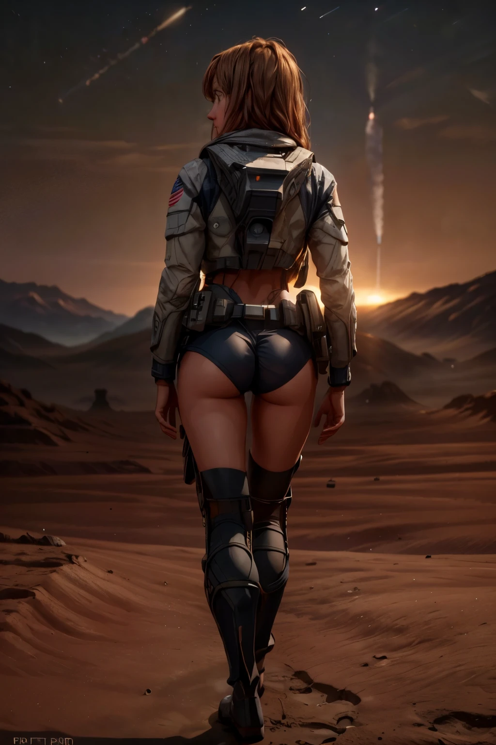 A futuristic rear angle (sci-fi) photo of a (fit woman futuristic astronaut standing on rock overlooking Martian valley on Mars), back towards viewer, not looking at viewer, (wearing skintight white and red sci-fi spacesuit, full body),  fit body, (big ass), [wide hips], rusty red Martian terrain, mars dust scattered floating in air, (mountain:0.8), (lens flare:0.7), (cross-processing), (highly detailed), (cinematic lighting:1.1), sharp shadows, intricately detailed, photographed on a Hasselblad 500, 80mm F2.8 lens, with Cinestill 800T film, cinematic contrast, outdoors, ((on Mars)), space exploration, journey, nasa-punk, from behind, sfw