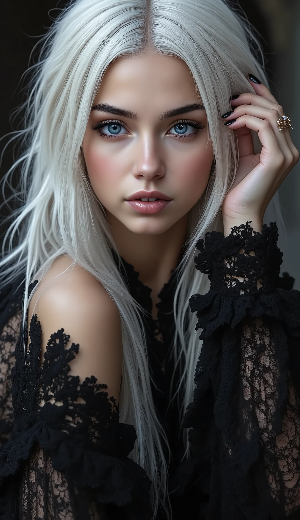A beautiful angel girl in a black dress , very beautiful, blue eyes, long white hair, highly detailed portrait, elegant pose , cinematic lighting, photorealistic , 8K, better quality, masterpiece, intricate details, volumetric lighting, hyperrealistic skin, detailed facial features , hypnotic eyes, lush lips, long eyelashes, soft and shiny skin , flowing black dress, Elegant movement, serene expression , Atmospheric background , cinematic framing