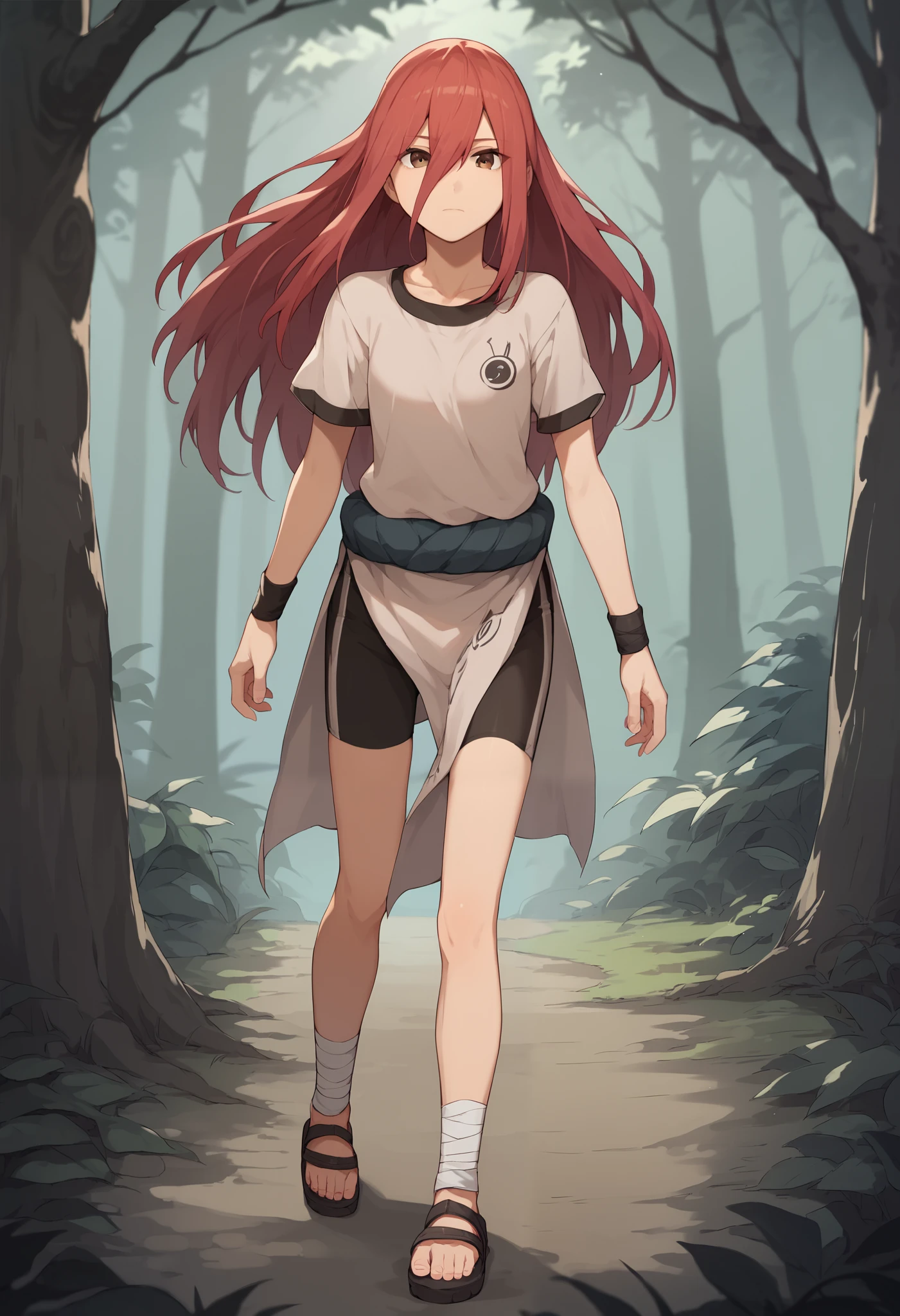  pelvic curtain, wristband, Alone ,  long hair,  red hair face,  brown eyes, 1 girl, has,  short sleeves,  looking at the spectator, Shimenawa,  collarbone,   hair between the eyes ,  closed mouth , shirt,  full body,  expressionless,  cycling shorts,  unfeminine girl ,  squinting eyes,   hair between the eyes , ankle wrap ,  fingerless footwear ,  sandals, al aire libre, forest 