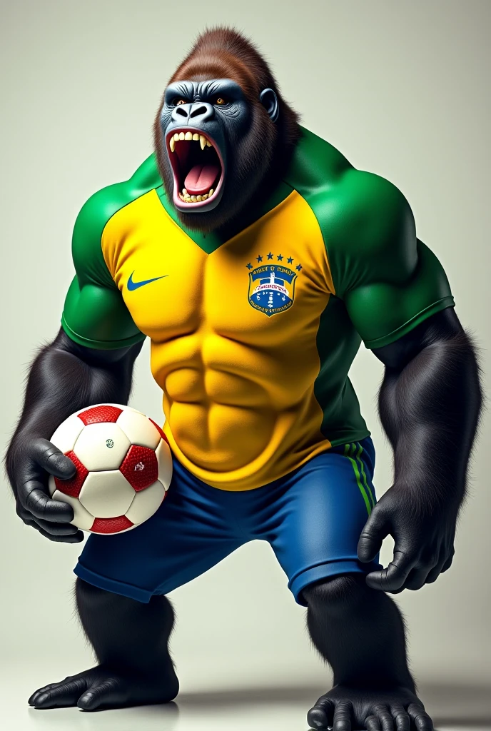 A mascot for the Brazilian football team represented by a strong and imposing realistic Rottweiler in a black and gold uniform holding a football.