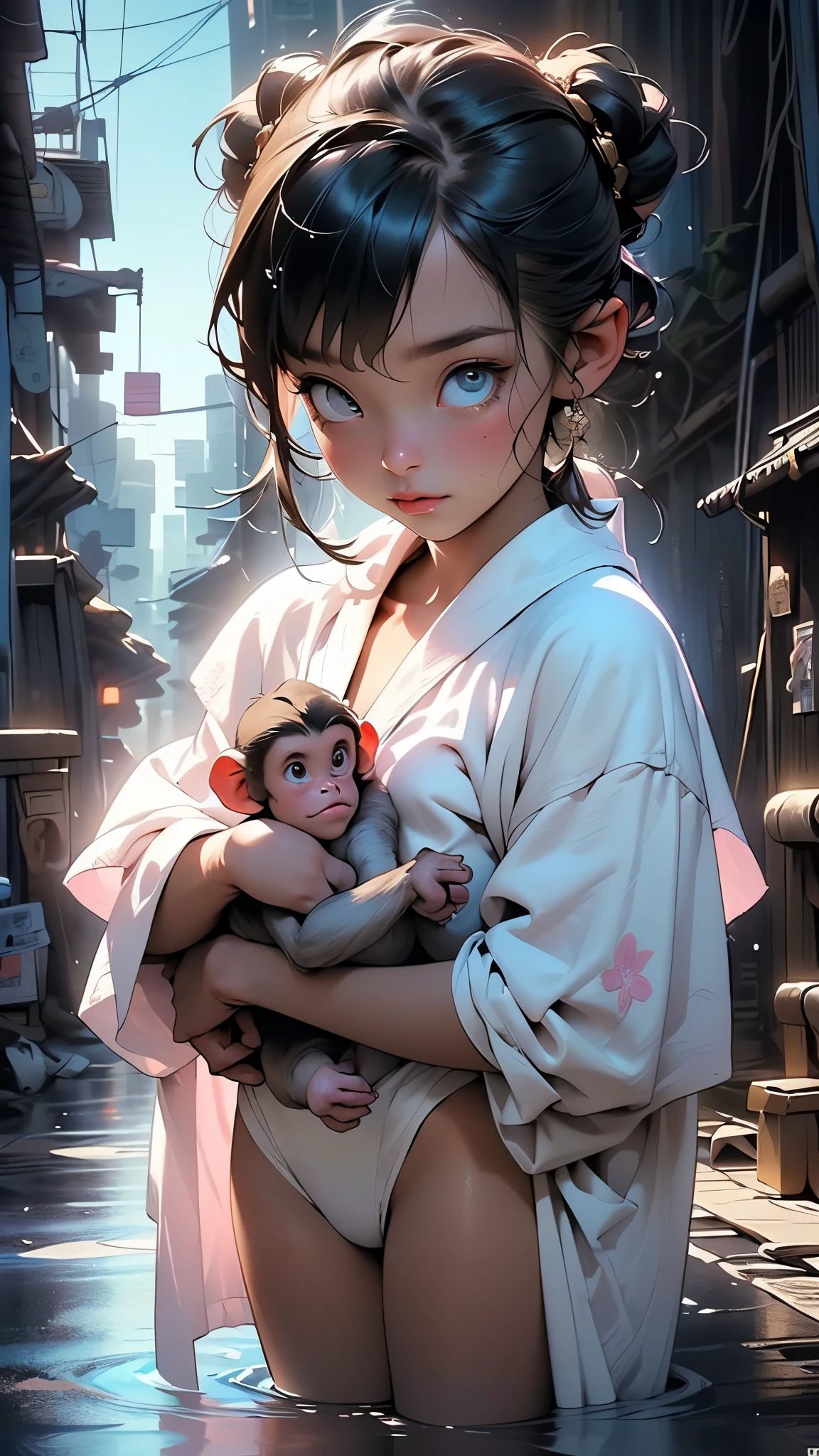 cute little loli,(((little loli,small tiny body,petite,chibi))),((())),((little loli with extremely cute and beautiful black hair)),(baby face), (round face),bit girl,Small loli,smallunderboob,
little loli,(((110 cm tall girl,little loli,small tiny body,petite,chibi,small,skinny body,,tiny))),(((s girl))),(baby face:1.5,round face,big forhead:1.2),(extremely detailed cute anime face),
(((large head,short and rounded torso,short and rounded legs,short and rounded arms,soft and rounded facial features,very expressive eyes,,flat chest))),
(((flat chest))),(((black hair:1.5,Qi bangs,double bun hair,colored inner hair,ear breathing))),((heterochromia:1.5, (pink_eye and gold_eye))),intricate eyes,beautiful detailed eyes,symmetrical eyes,big eyes:1.5,(((lustrous skin:1.5,bright skin: 1.5,skin tanned,shiny skin,very shiny skin,shiny body,plastic glitter skin,exaggerated shiny skin,illuminated skin,wet legs))),(detailed body,(detailed face)),
cute,slutty,erotic,((nsfw)),
zettai ryouiki,(revealing clothing,show skin),(((white dressing gown,Gold wire embroidery))),((carry a stuffed monkey:1.5)),((wet clothes,intricate outfit,intricate clothes)),
(dynamic pose:1.0),embarrassed,(centered,scale to fit dimensions,Rule of thirds),
cyberpunk city by the ocean at night, with bright neon signs and dark stormy clouds and puddles, scenery:1.25,nighttime, starry night, cosmos,Very dark night that makes the neon lights stand out, very bright neon lights,nighttime, starry night, cosmos,
artistic photography,(photography taken by sldr),highres, sharp focus,(ultra detailed, extremely detailed), (photorealistic artwork:1.37),(extremely detailed CG unity 8k wallpaper),((synthwave background theme)),(((vibrant colors))),intricate,(intricate background),(masterpiece),(best quality),perfect rendered face,perfect face details,realistic face,photo realistic,analog style,((intricate detail)),(((realism))),