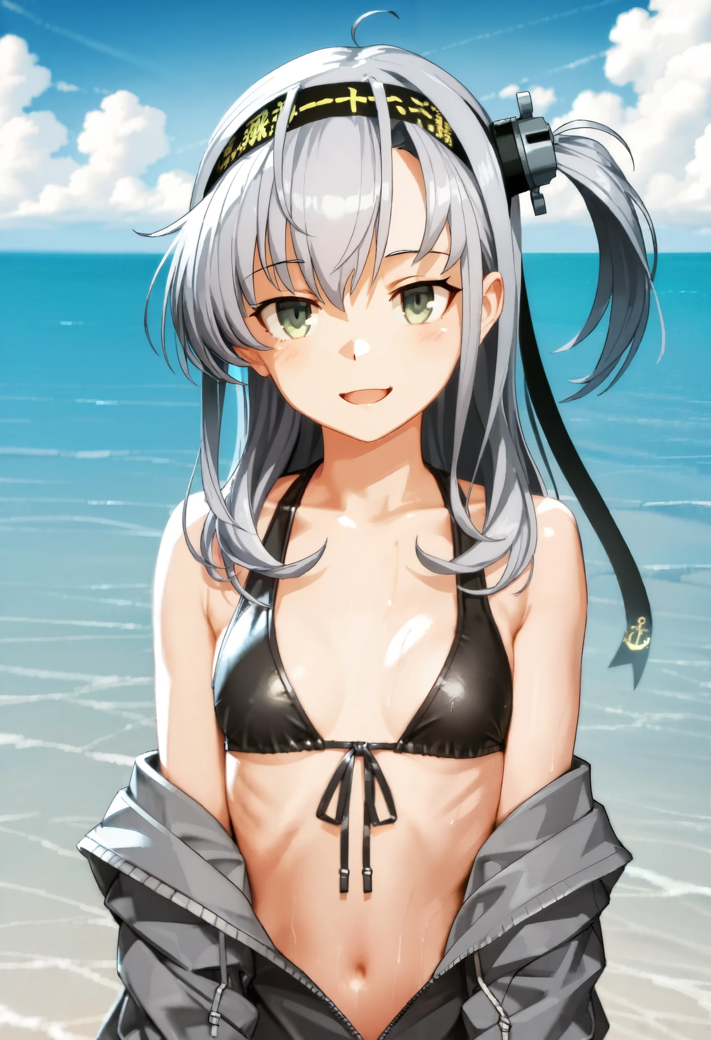 Movie angle, depth of field, (viewing viewer), (front right: 1), (standing photo: 1), cat eared girl, (solo),silver hair,(white skin:1), (curvaceous:1.2), (wide hips:1.1), girl with cat ears, (beautiful beach background), (coast background: 1.4), (coast background: 1.4), (green clothes), (bare shoulders, green micro bikini), ( Green T-back panties: 1.2), (green glove armor: 1.2), sharp claws, detailed horns, green choker, green thigh-high boots, (ponytail, hairs between the eyes), (silver-haired), green eyes), (flat chest: 1.2), expressionless, stunned, sleepy, wakame