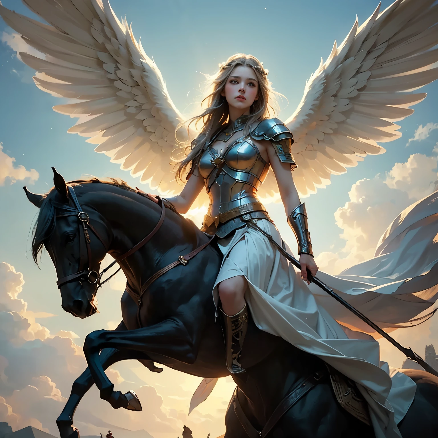 Goddess of War, Winged Valkyrie, Spear and Shield, Ride of the Valkyries, Horse riding in the sky, Valhalla, the Heavenly Palace, Norse mythology Edda, Soft focus, Bokeh, Cinematic light, Soft Lighting, Dark Background, (Excellent, Best quality, High resolution: 1.2),