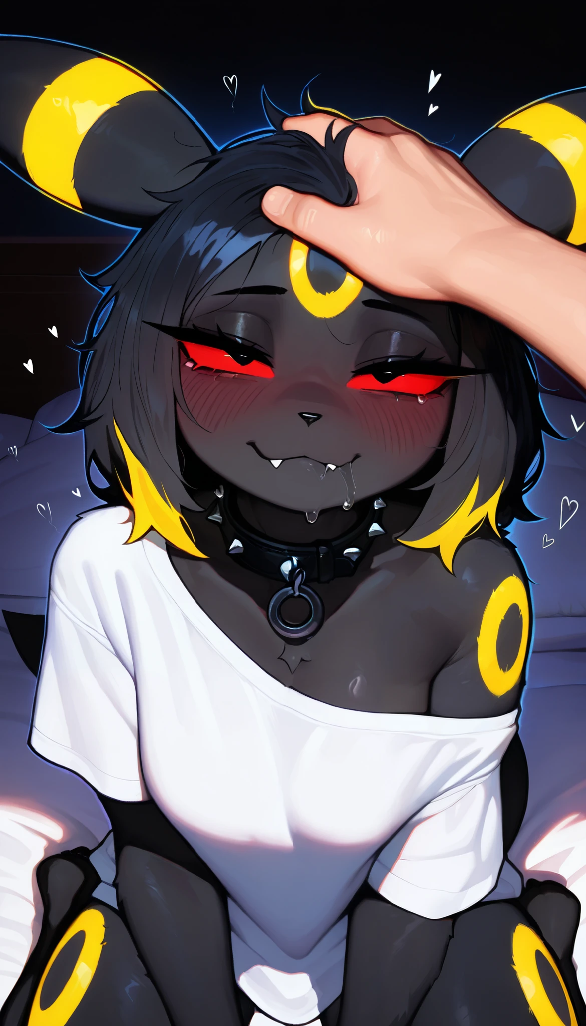 1girl, umbreon \(pokemon\), pokemon \(creature\), umbreon, furry female, black fur, red sclera, black eyes, yellow markings, fangs, half-closed eyes, closed mouth, bitting lip, (<3), looking at the viewer, heavy breathing, tail, breasts, white t-shirt, oversized clothes, baggy shirt, spiked collar, single off shoulder, close-up, upper body, female focus, 1boy, light skin, human, headpat, petting, contrast lighting, side lighting, masterpiece, best quality, newest, absurdres, highres, amazing quality, very aesthetic, bedroom setting, medium hair, black hair (yellow highlights), messy hair, sunset, drooling, pov, ahegao, kneeling, over bed, from above