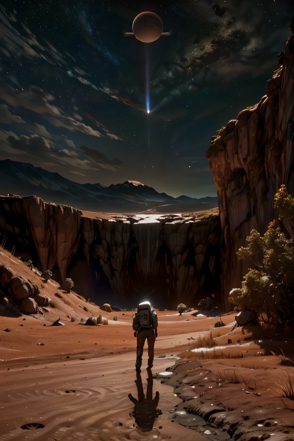 a space module landing on the surface of a planet, 8k highly detailed, photorealistic, cinematic lighting, dramatic, epic scale, realistic space shuttle, moon rover, astronaut walking on the moon, American flag, craters, rocky terrain, planets or moons visible in the background, dramatic shadows, vivid colors