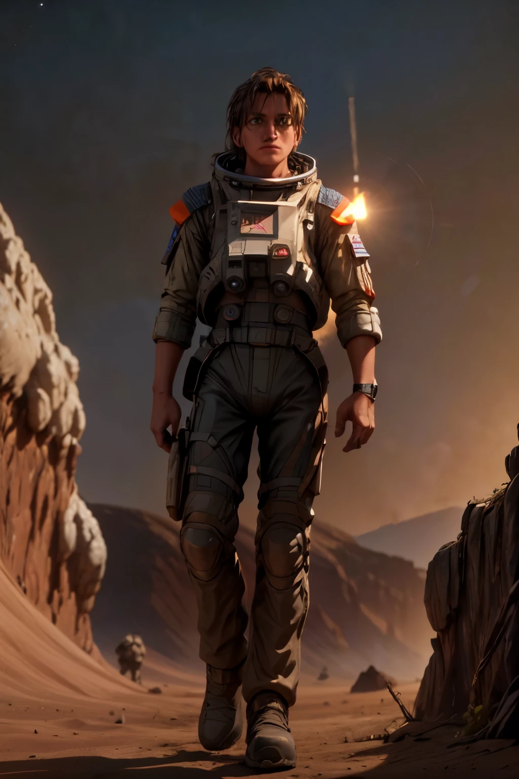 a space module landing on the surface of a planet, 8k highly detailed, photorealistic, cinematic lighting, dramatic, epic scale, realistic space shuttle, moon rover, astronaut walking on the moon, American flag, craters, rocky terrain, planets or moons visible in the background, dramatic shadows, vivid colors