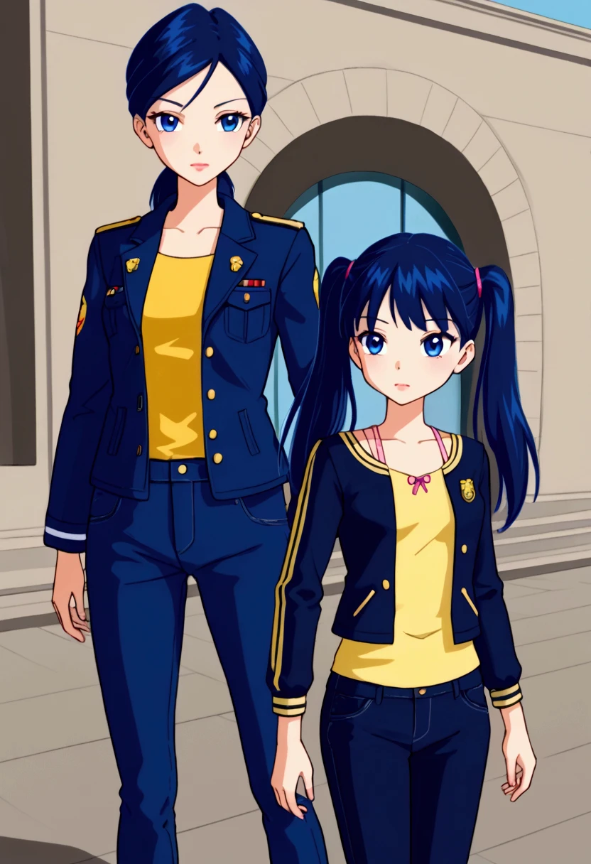 1girl with navy blue hair, blue eyes, two ponytails, wearing blue jeans and a yellow shirt with a blue jacket Open