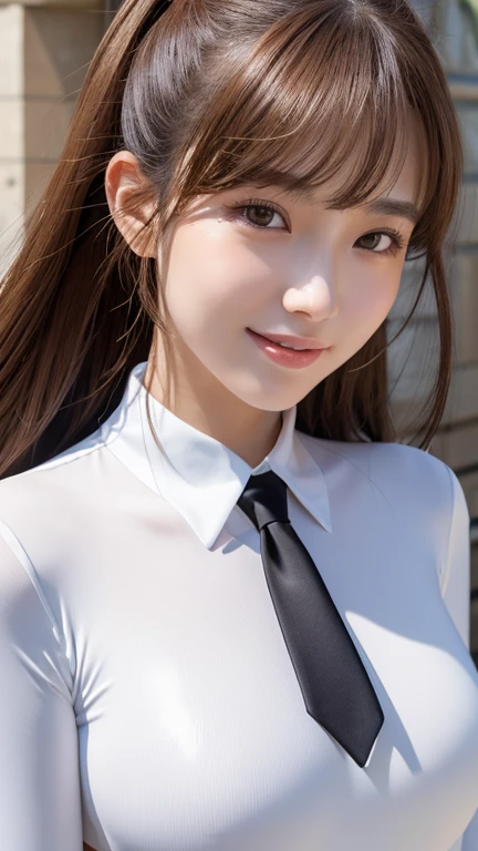(Realistic, Photorealistic: 1.37), Incredibly Absurd, (Insanely Detailed: 1.3), 8k, (Masterpiece), (Highest Quality: 1.4), (Ultra High Resolution: 1.2), (RAW Photo: 1.2), Ultra Detailed Background, (Unity 8k Wallpaper), One girl from Nogizaka, Very cute, Beautiful girl, 15 years old, Exquisitely detailed and beautiful face and eyes and skin, Detailed black glossy hair, Ruffled necktie, Ribbon tie, Rose hair accessory, Smiling at the camera, Cowboy shot, European castle scenery, Professional lighting, Nipple slip
