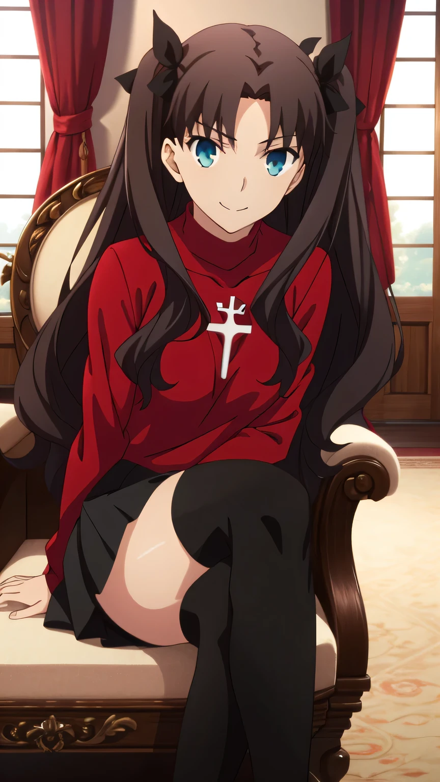 {{{masterpiece}}}, (best quality:1.5), (ultra-detailed:1.5), {illustration}, {{an extremely delicate and beautiful}}, (beautiful detailed eyes:1.6), absurdres, highres, extremely detailed face, 16k, hd, visual anime de uma jovem mulher, extremamente bonito rosto de anime, anime melhor garota, (perfect hands, perfect anatomy), anime face, Tohsaka Rin(Fate/stay night), ChopioTohsakaRin, 1girl, solo, cute face, black hair, long hair, two side up, parted bangs, black hair ribbon, square face, round chin, big eyes, aqua eyes, (High resolution eyes, Beautiful eyes, Light in the eyes), medium breasts, big hips, curvaceous, BREAK, outfit_2, red sweater, turtleneck, cross, long sleeves, (sweater tuck out:1.2), black skirt, pleated skirt, (micro skirt:1.2), (black thighhighs:1.3), thighs, zettai ryouik, BREAK, smug face, smile, throne, ojou-sama pose, rococo style dining chair, sit on a chair, (cross your legs:1.3), indoor, castle, (from front:1.3)