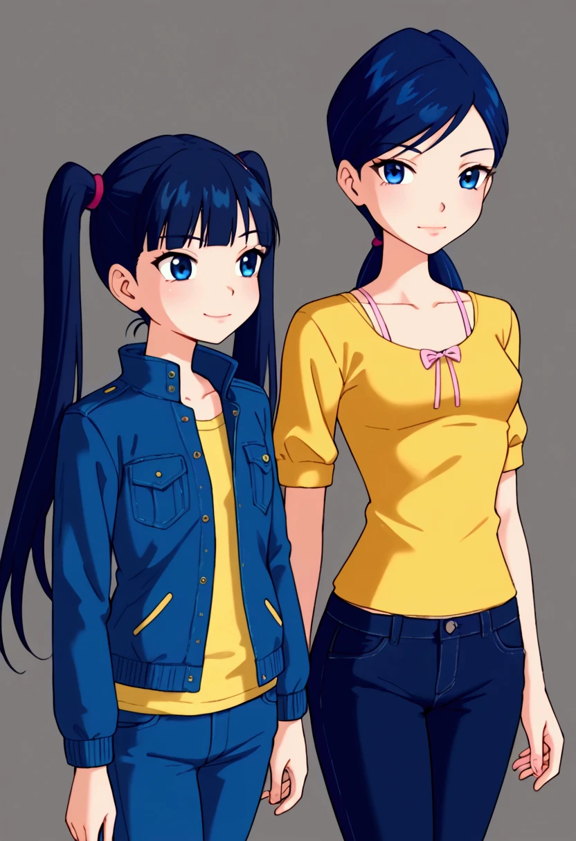 1 girl with dark blue hair, blue eyes, two ponytails, wearing blue jeans and a yellow shirt with a blue jacket Open