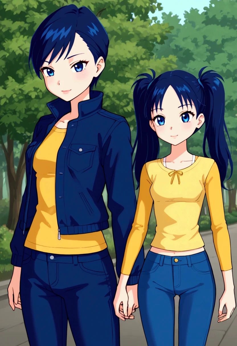 1 girl with dark blue hair, blue eyes, two ponytails, wearing blue jeans and a yellow shirt with a blue jacket Open