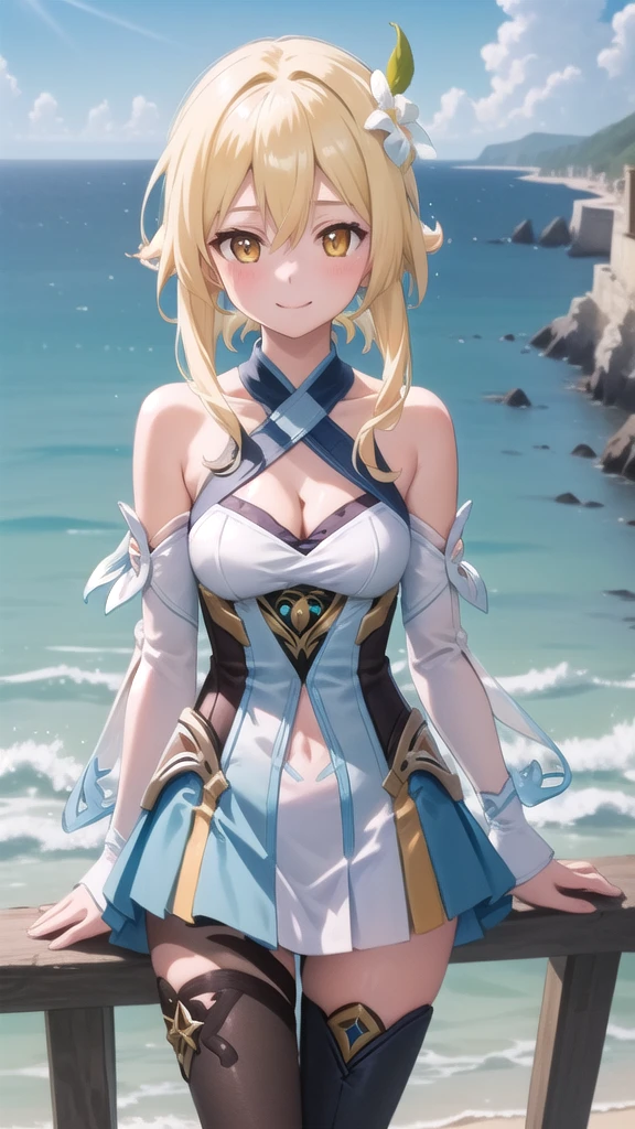 ((masterpiece)),(Highest quality),Official Art,Highly detailed CG,Unity,8k wallpaper,Lighthouse on top of a cliff by the sea,One girl,alone,Upper Body,View your viewers,Light (Genshin Impact),Blonde,Hair Flowers,hair ornaments,Yellow Eyes,White Dress,Removable sleeves,Long hair short hair,White flower,Bare shoulders,smile,Cleavage,White knee socks,bangs,Frills,blush,Medium chest,Long sleeve,Side Lock,Halter neck,Cleavage,Hair between the eyes,zettai ryouiki,White sleeves,See-through,feather hair ornaments,