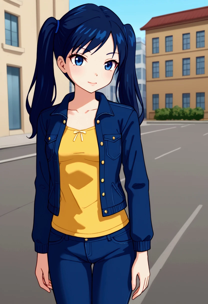 Solo girl with dark blue hair, blue eyes, two ponytails, wearing blue jeans and a yellow shirt with a blue jacket Open