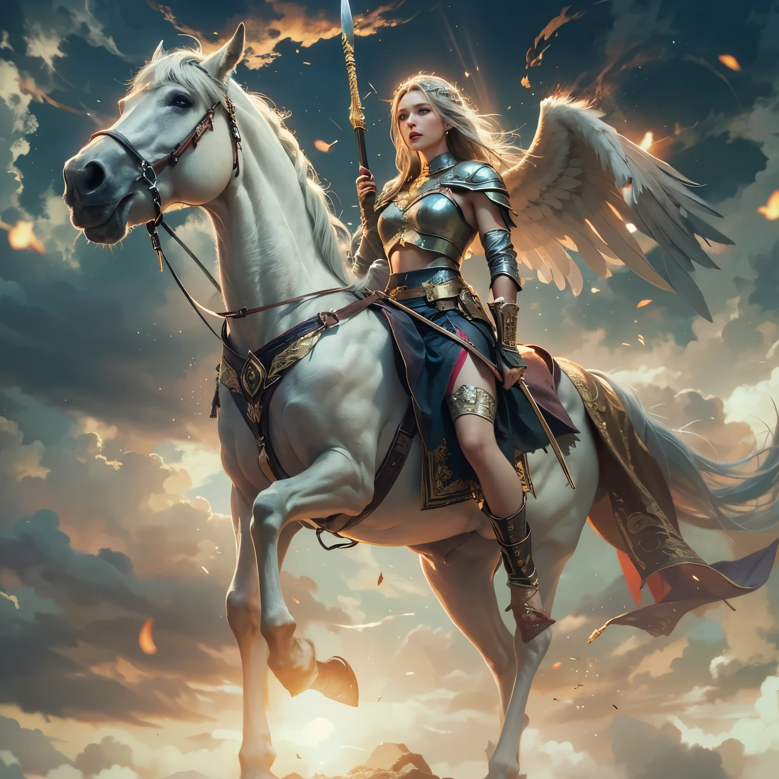 Goddess of War, Winged Valkyrie, Spear and Shield, Ride of the Valkyries, Horse riding in the sky, Valhalla, the Heavenly Palace, Norse mythology Edda, Soft focus, Bokeh, Cinematic light, Soft Lighting, Dark Background, (Excellent, Best quality, High resolution: 1.2),