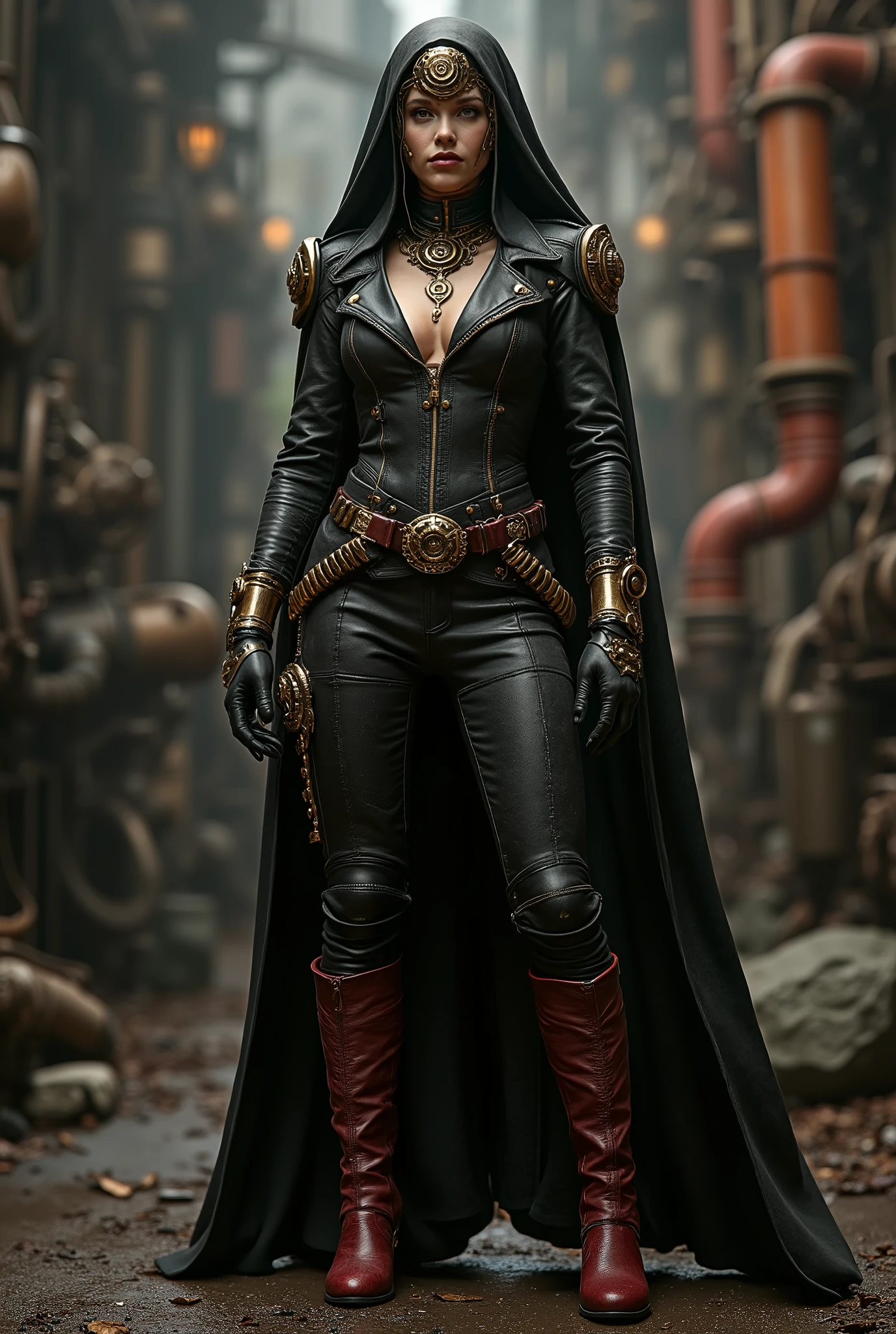 Photo full portrait of photo real. steampunk leather dressed battle nun. dark red thigh high boots with 6 inch heels , steampunk background. “full body portrait”