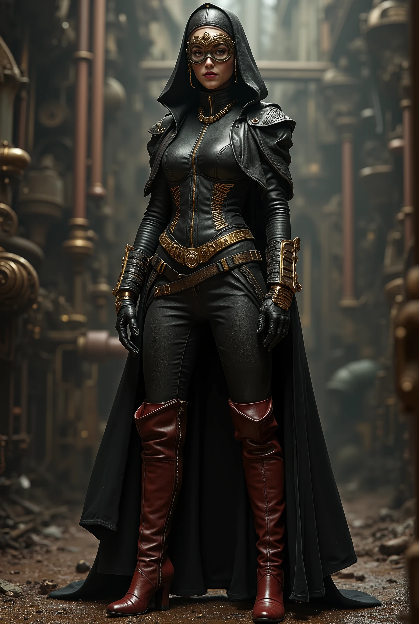 Photo full portrait of photo real. steampunk leather dressed battle nun. dark red thigh high boots with 6 inch heels , steampunk background. “full body portrait”