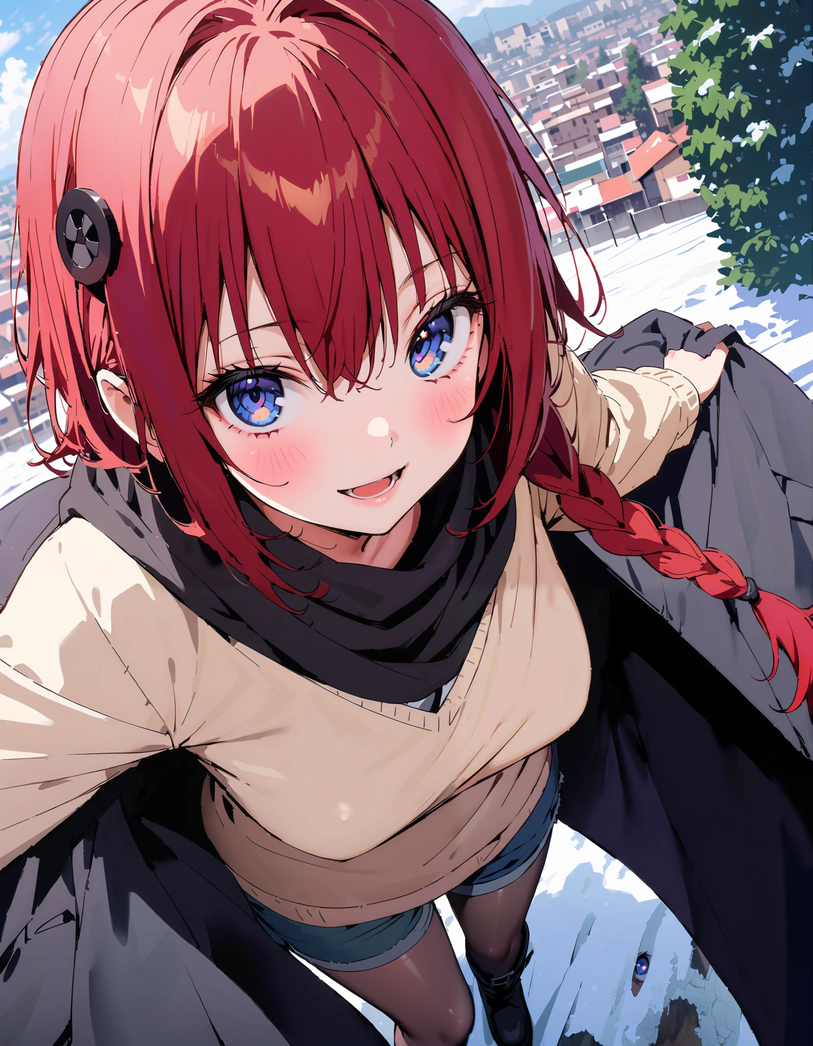 Kurosaki's thing , stupid hair, blue eyes, braided, hair intake, hair ornament, long hair, Red Hair, hair braided,smile,blush, open their mouths, White Breath, down coat,black scarf , shorts that stand on only your feet,( sweater:1.2),( turtleneck:1.2),rib tights , grey pantyhose , boots,snow,whole bodyがイラストに入るように, break looking at viewer,whole body,
break outdoors,City,
break ( Masterpiece:1.2), top quality , kampala,unity 8k wallpaper,(shape:0.8),( fine, beautiful eyes :1.6),It's a person ,whole body写真,CG Details , ( perfect hand, Complete Anatomy),