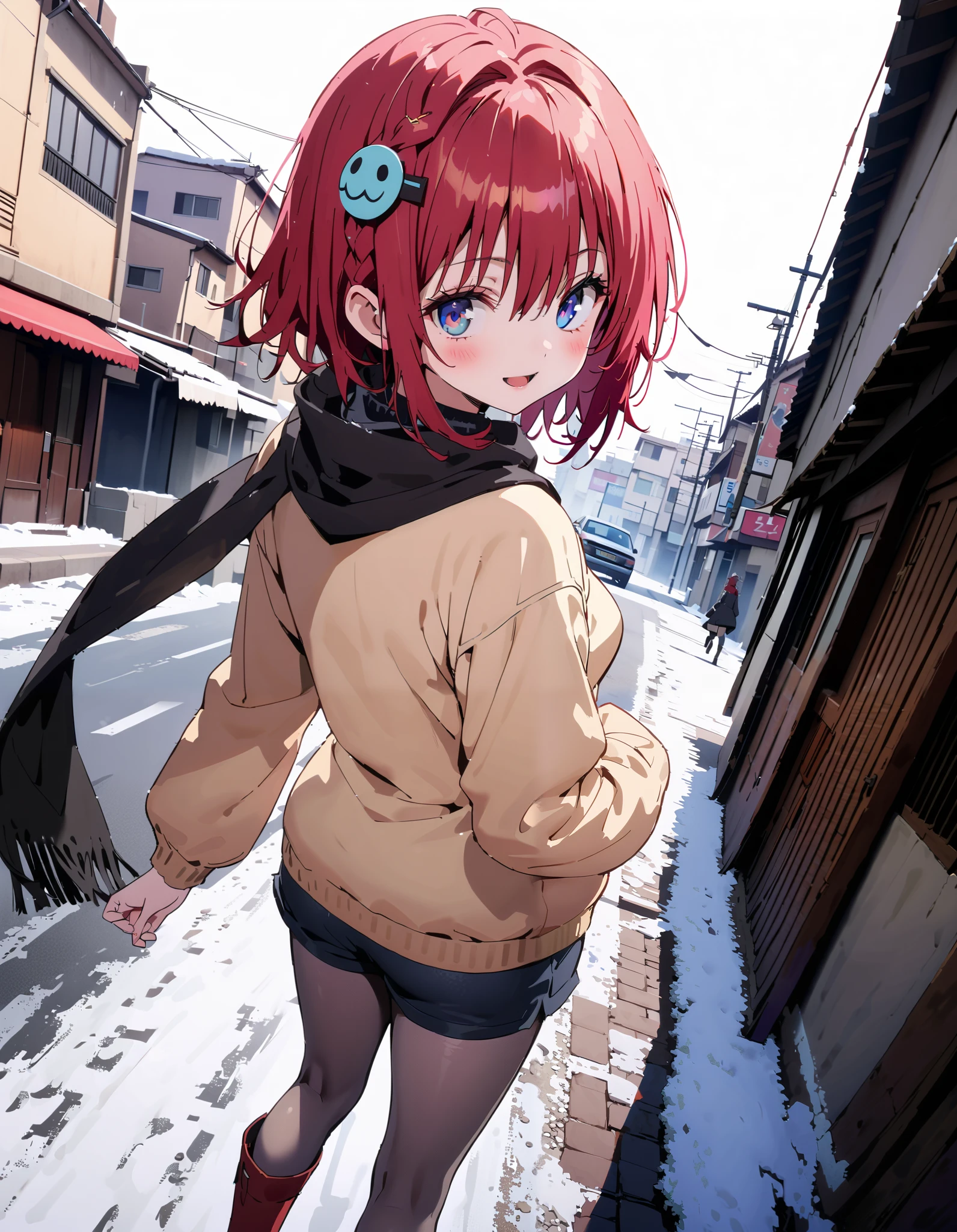 Kurosaki's thing , stupid hair, blue eyes, braided, hair intake, hair ornament, long hair, Red Hair, hair braided,smile,blush, open their mouths, White Breath, down coat,black scarf , shorts that stand on only your feet,( sweater:1.2),( turtleneck:1.2),rib tights , grey pantyhose , boots,snow,whole bodyがイラストに入るように, break looking at viewer,whole body,
break outdoors,City,
break ( Masterpiece:1.2), top quality , kampala,unity 8k wallpaper,(shape:0.8),( fine, beautiful eyes :1.6),It's a person ,whole body写真,CG Details , ( perfect hand, Complete Anatomy),