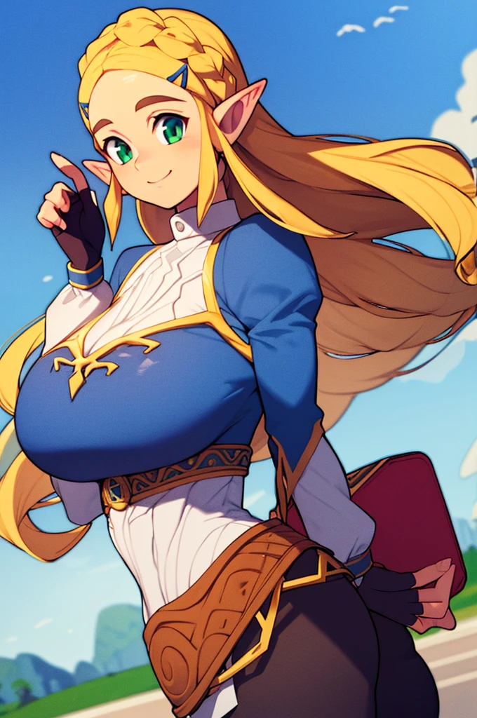 masterpiece,best quality,zelda\(princess\), 1girl, solo, large breasts, cleavage, smile, long_hair, crop top