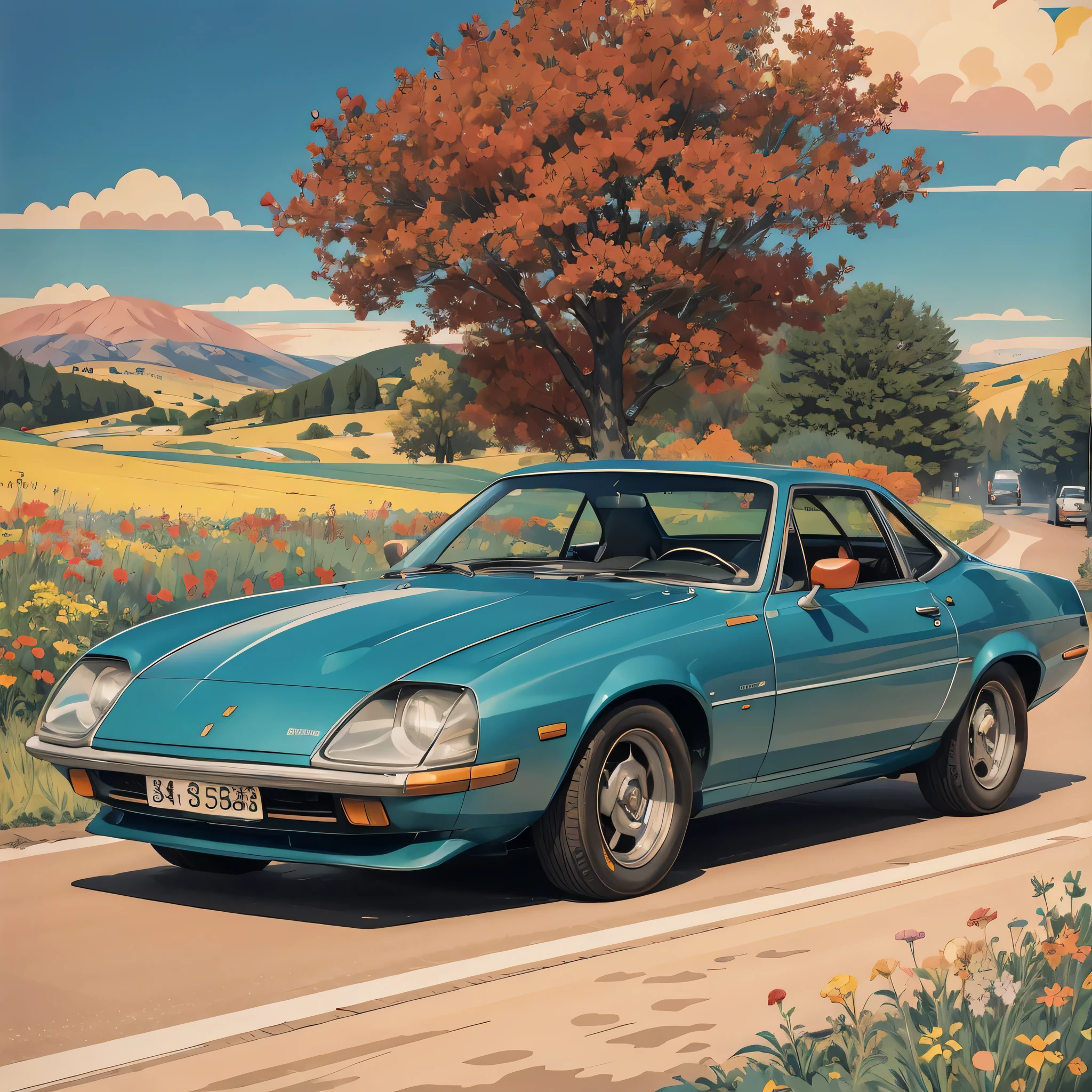 Car race,I can't believe how beautiful it is,by marvin sanford,in the style of simple, colorful illustrations, leica cl, poster art, colorful moebius, plein air, prairiecore,in digital art