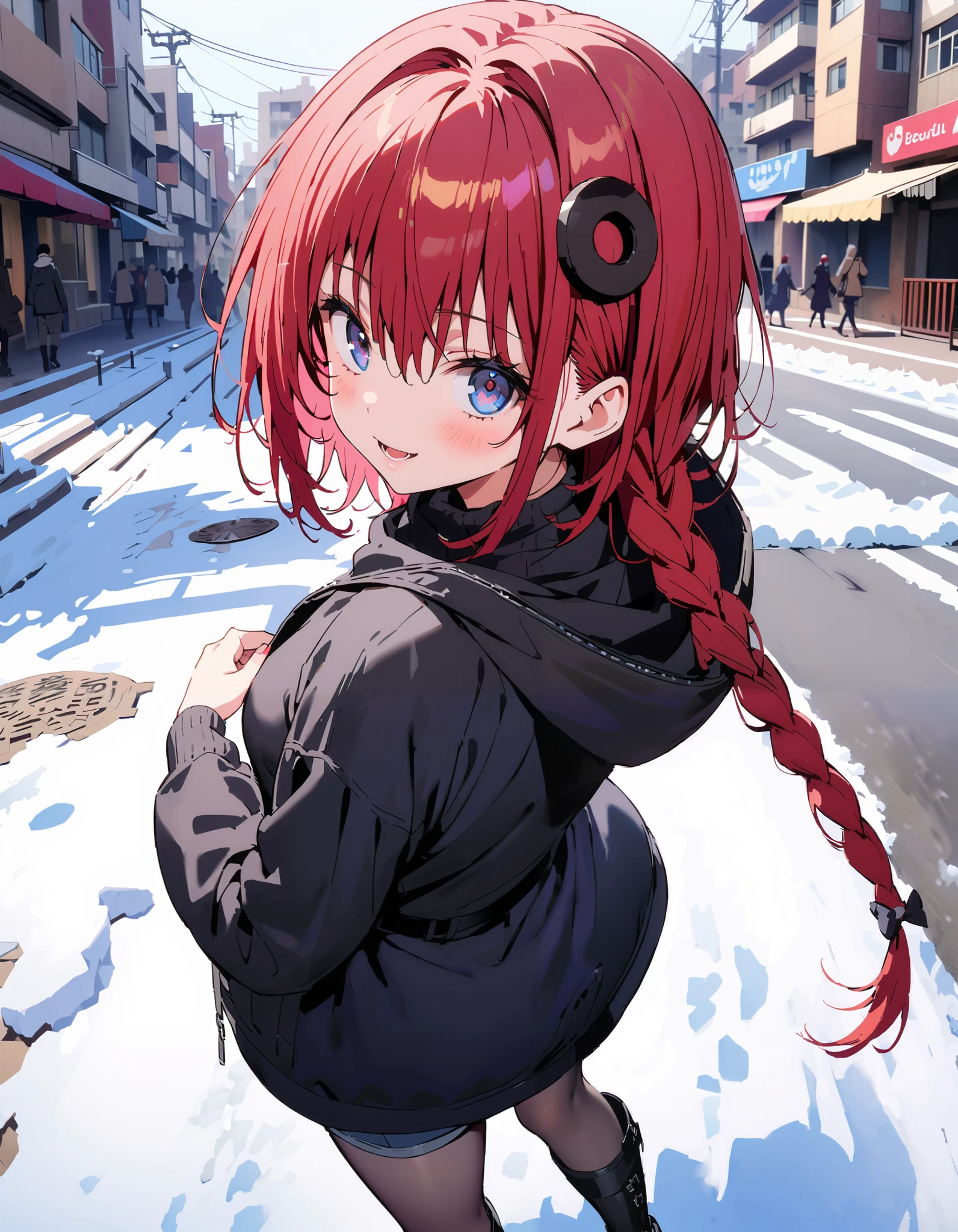 Kurosaki's thing , stupid hair,  blue eyes,  braided,  hair intake, hair ornament, long hair, Red Hair, hair  braided,smile,blush, open their mouths, White Breath, down coat,black scarf , shorts that stand on only your feet,( sweater:1.2),( turtleneck:1.2),rib tights ,   grey pantyhose , boots,snow,whole bodyがイラストに入るように,                                                                  break looking at viewer,whole body,
break outdoors,City,
break ( Masterpiece:1.2), top quality , kampala,unity 8k wallpaper,(shape:0.8),(  fine, beautiful eyes  :1.6),It's a person ,whole body写真,CG Details , ( perfect hand, Complete Anatomy),
