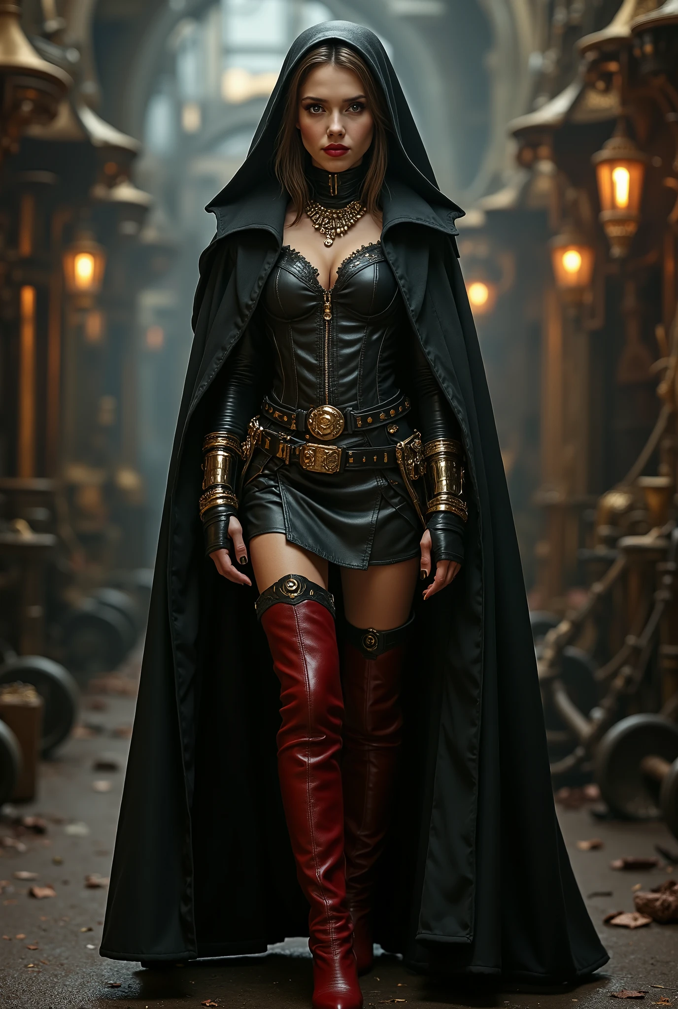 Photo full portrait of photo real. steampunk black leather dressed battle nun. dark red thigh high boots with 6 inch heels , steampunk background. “full body portrait”