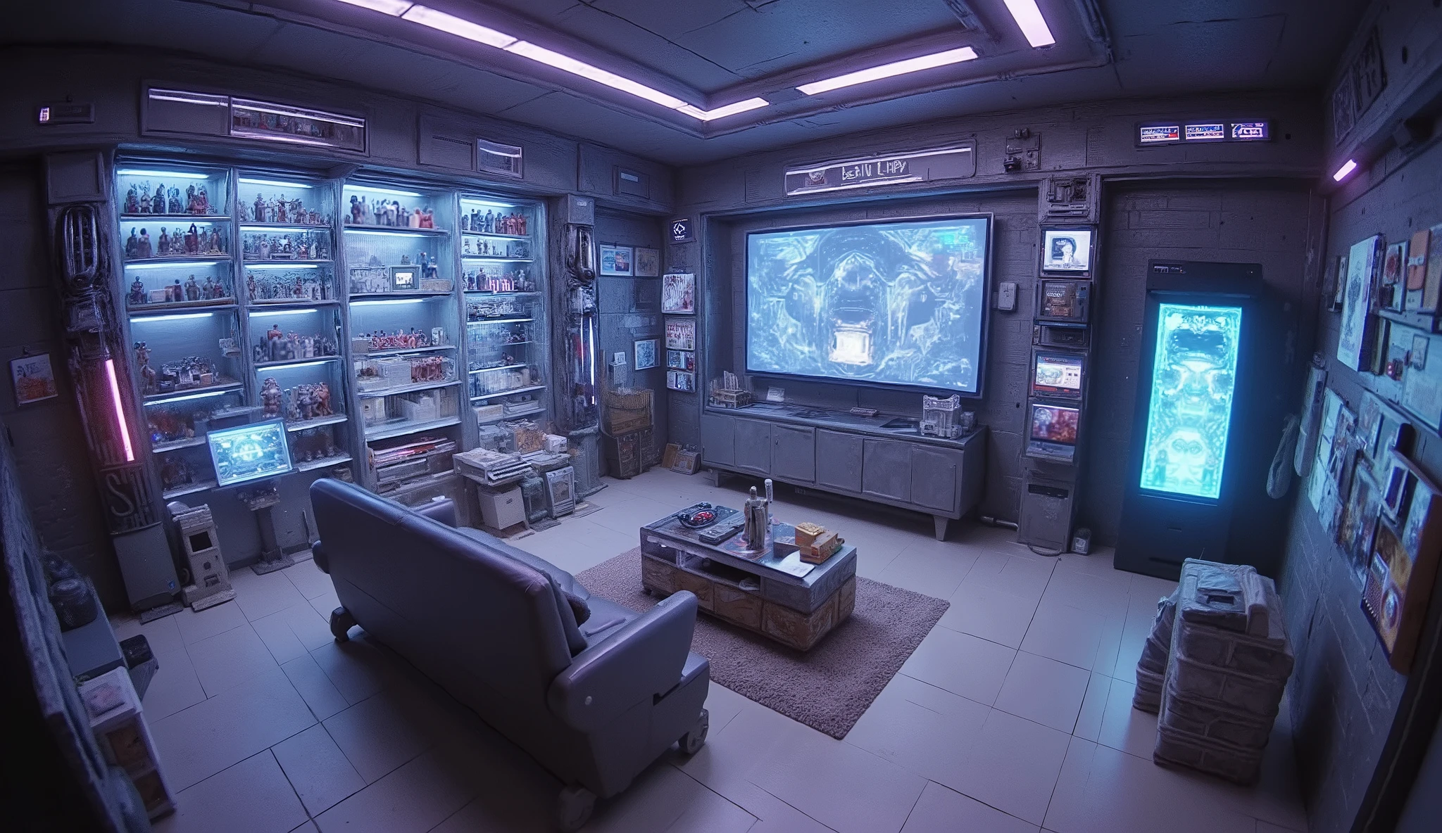 (best quality, 128k,highres,masterpiece:1.2),ultra-detailed,(realistic,photorealistic,photo-realistic:1.37), ((masterpiece)) ((photography)) ((Highest quality)) A sleek, futuristic underground man cave, designed with high-tech gadgets and cutting-edge technology. The room is bathed in cool, ambient lighting from neon strips and holographic displays. A modern, ergonomic sofa with metallic accents sits at the center, surrounded by transparent shelves holding meticulously arranged action figures of futuristic characters and cyberpunk heroes. A compact, high-tech mini fridge hums quietly, blending seamlessly into the environment with a touch-sensitive panel. A state-of-the-art arcade machine with holographic projections stands next to a giant ultra-HD screen, connected to a PS5 with glowing, custom-made controllers. The walls are lined with smart glass panels displaying interactive digital art and a collection of sci-fi posters. The air buzzes with the faint hum of futuristic tech, creating an immersive atmosphere perfect for gaming and relaxation.