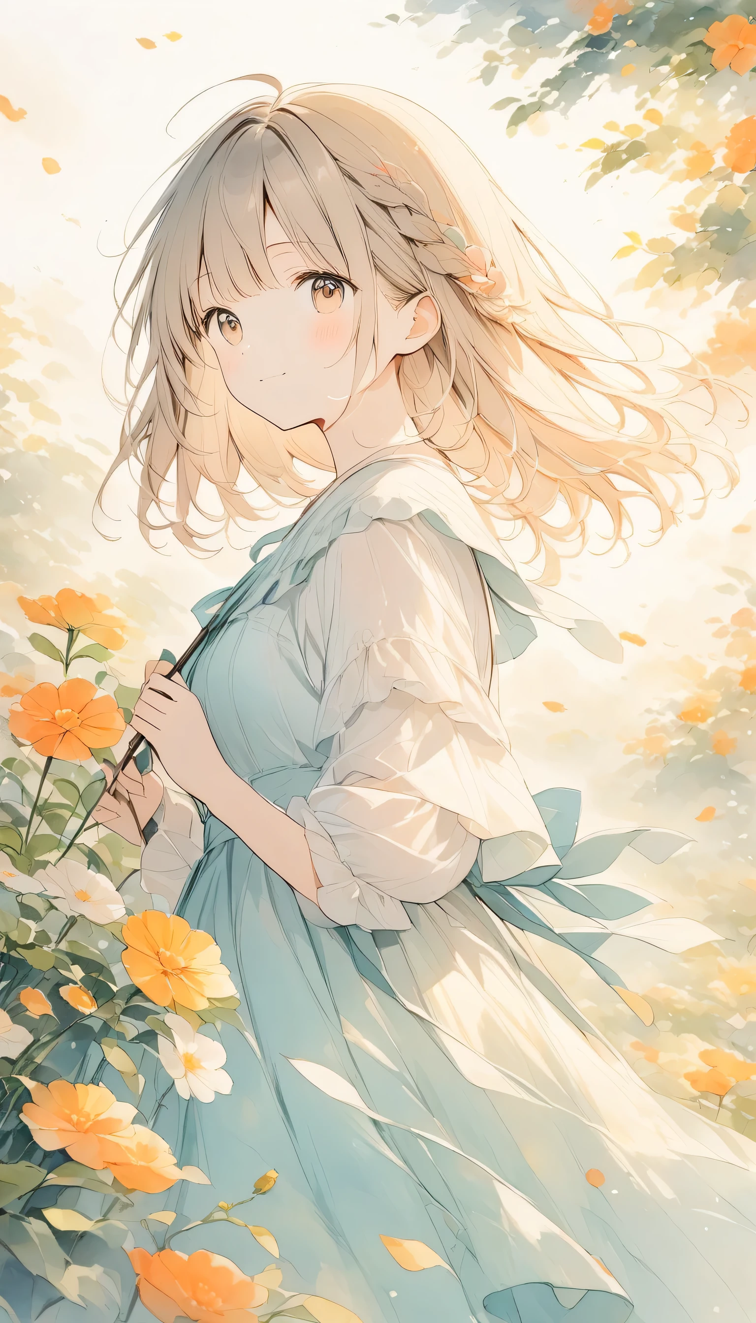 pale colour、watercolor painting,2.5D,#SDXL、One Girl,cute、Soft color artwork、Warm, antique colors