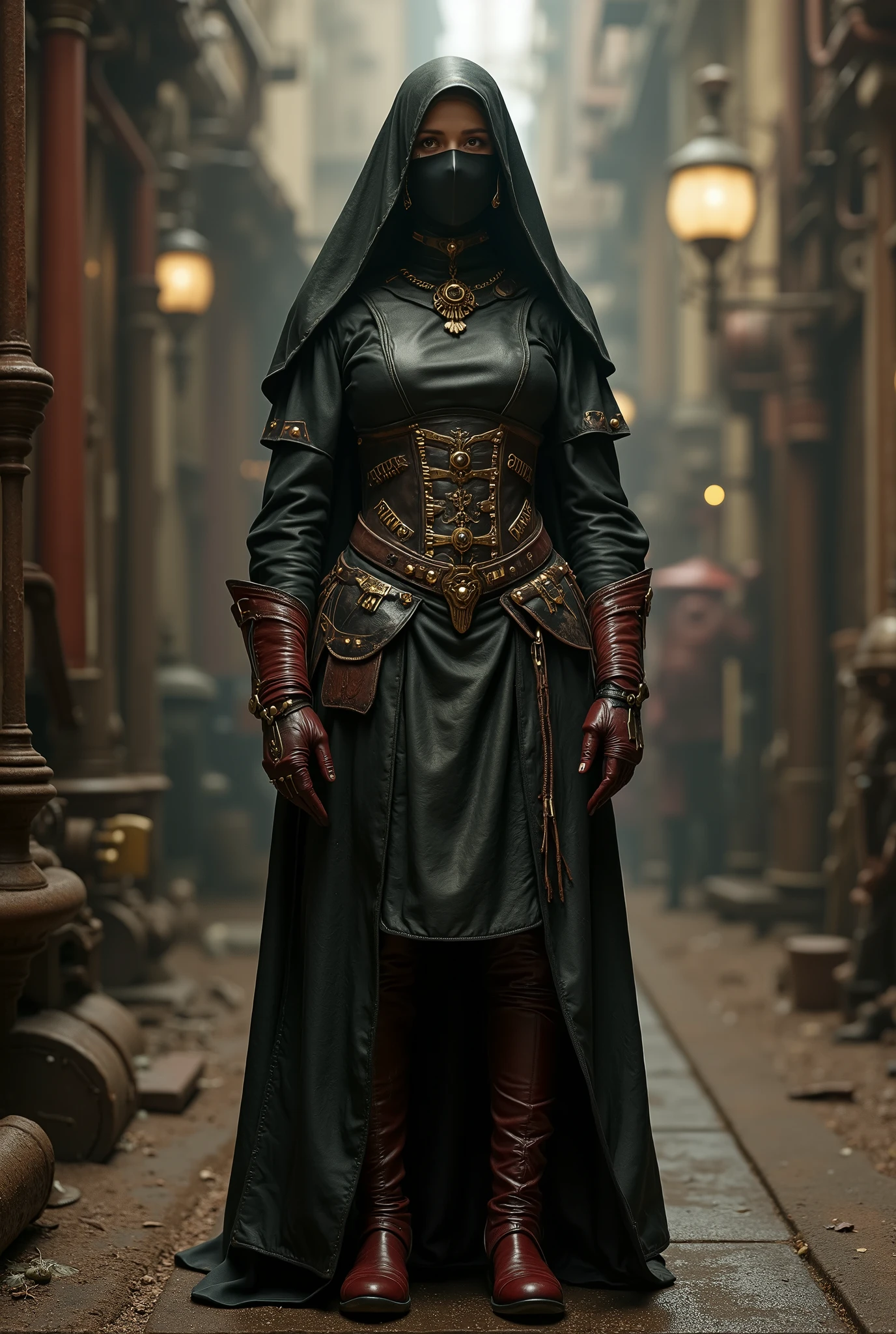 face_portrait, crude, mechanical, adult_female, white, evil, sinister, evil_smile, bewildered_eyes, mechanical_eyes, white_colored_robes, bloodstained_robes, nun_habit wires_through_face, wires_in_head, wires_across_head, stitches_across_face