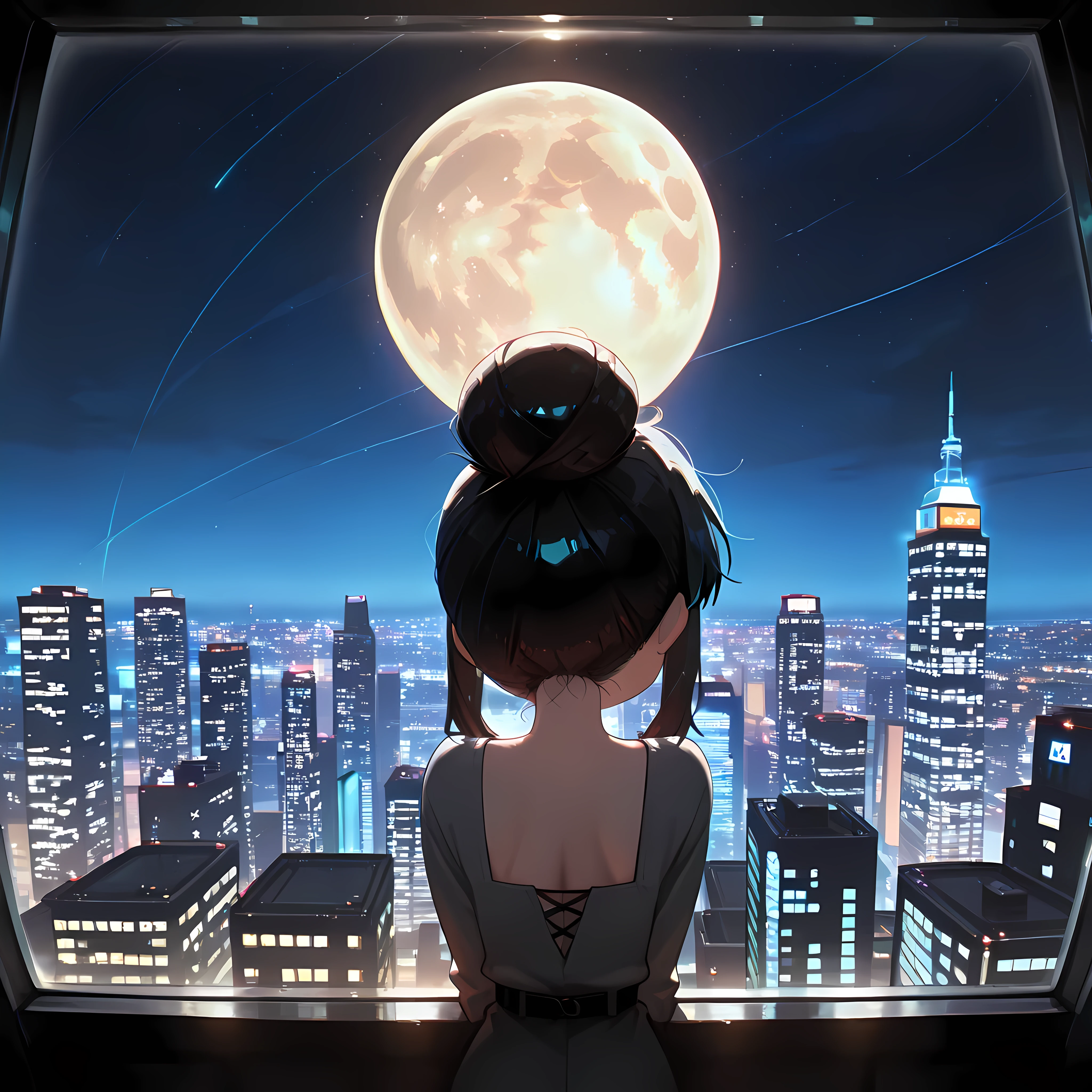 Score_9, score_8_up, score_7_up, masterpiece, best quality, amazing quality, very aesthetic, high resolution, ultra-detailed, absurdres, newest, Anime screencap, highly detailed, high quality, hyper-Detailed, mistico_IL. BREAK. 1girl, solo, black hair, standing, sky, hair bun, from behind, window, night, back, moon, single hair bun, building, star \(sky\), night sky, full moon, science fiction, city, facing away, cityscape, skyscraper, city lights, looking outside