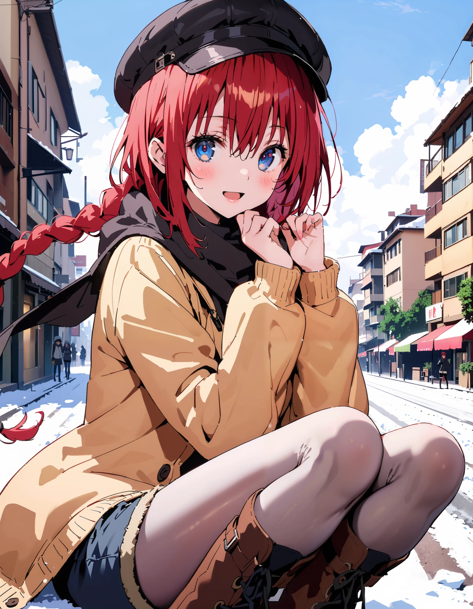Kurosaki's thing , stupid hair,  blue eyes,  braided,  hair intake,Newsboy hat, long hair, Red Hair, hair  braided,smile,blush, open their mouths, White Breath, down coat,black scarf , shorts that stand on only your feet,( sweater:1.2),( turtleneck:1.2),rib tights ,   grey pantyhose , boots,snow,whole bodyがイラストに入るように,                                                                  break looking at viewer,whole body,
break outdoors,City,
break ( Masterpiece:1.2), top quality , kampala,unity 8k wallpaper,(shape:0.8),(  fine, beautiful eyes  :1.6),It's a person ,whole body写真,CG Details , ( perfect hand, Complete Anatomy),