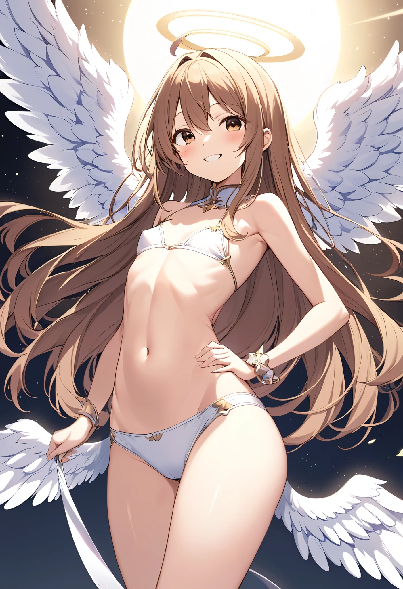 fantasy, (1angel_girl:1.3), 
(loli:1.3),messy_medium_bob_hair, long_bangs, halo,bare_shoulder,thighhighs,shiny_silver_armor, waist_armor, large_breasts,(side_breasts:1.3),grinning,smile,open_mouth,teeth, (1pair_angelwings:1.1), dynamic_pose_fighting,(floating:1.1), (bare_crotch:1.2),gauntlet, greaves,city_sky_background,(apart_legs:1.4), solo, groin_naked,(dark_skin:0.6),pussy,(navel:1.1),slender_legs,moonlight,moon,angry,(breastplate:1.2), glowing _sword,glab_sword_hilt,fist,(slender_ass:0.9),open_legs, (bare_labia_majora:1.3), (dark_brown_hair:1.3),(naked_groin:1.2),