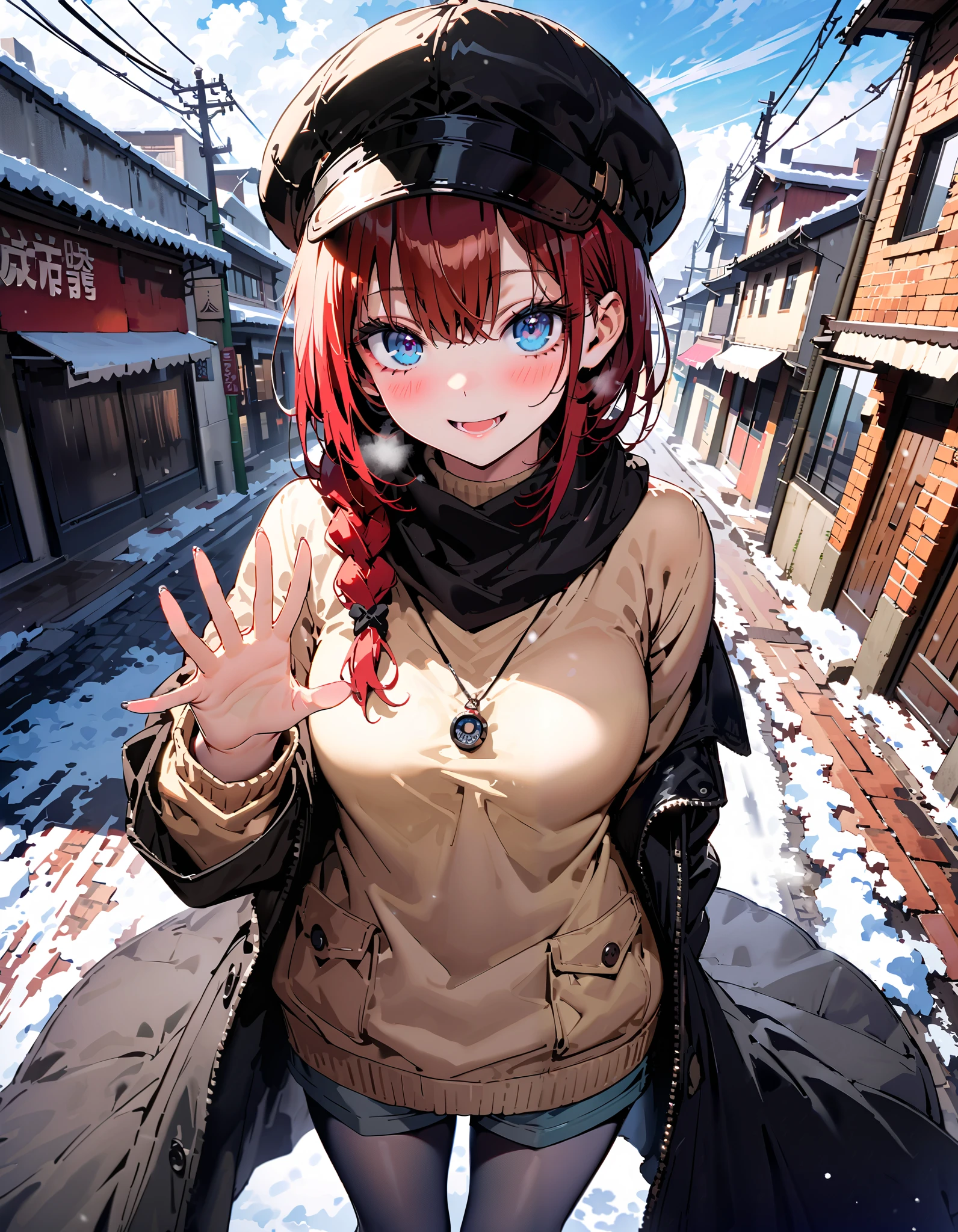 Kurosaki's thing , stupid hair, blue eyes, braided, hair intake,Newsboy hat, long hair, Red Hair, hair braided,smile,blush, open their mouths, White Breath, down coat,black scarf , shorts that stand on only your feet,( sweater:1.2),( turtleneck:1.2),rib tights , grey pantyhose , boots,snow, standing,whole bodyがイラストに入るように, break looking at viewer,whole body,
break outdoors,City,
break ( Masterpiece:1.2), top quality , kampala,unity 8k wallpaper,(shape:0.8),( fine, beautiful eyes :1.6),It's a person ,whole body写真,CG Details , ( perfect hand, Complete Anatomy),
