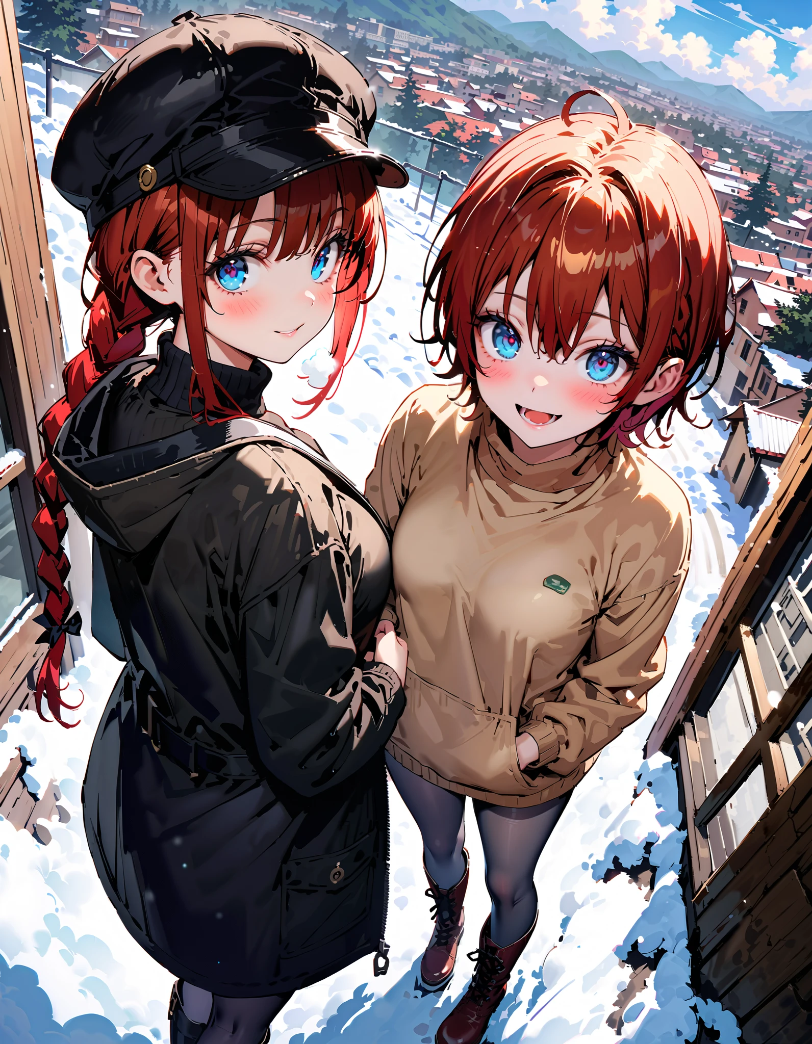 Kurosaki's thing , stupid hair, blue eyes, braided, hair intake,Newsboy hat, long hair, Red Hair, hair braided,smile,blush, open their mouths, White Breath, down coat,black scarf , shorts that stand on only your feet,( sweater:1.2),( turtleneck:1.2),rib tights , grey pantyhose , boots,snow, standing,whole bodyがイラストに入るように, break looking at viewer,whole body,
break outdoors,City,
break ( Masterpiece:1.2), top quality , kampala,unity 8k wallpaper,(shape:0.8),( fine, beautiful eyes :1.6),It's a person ,whole body写真,CG Details , ( perfect hand, Complete Anatomy),