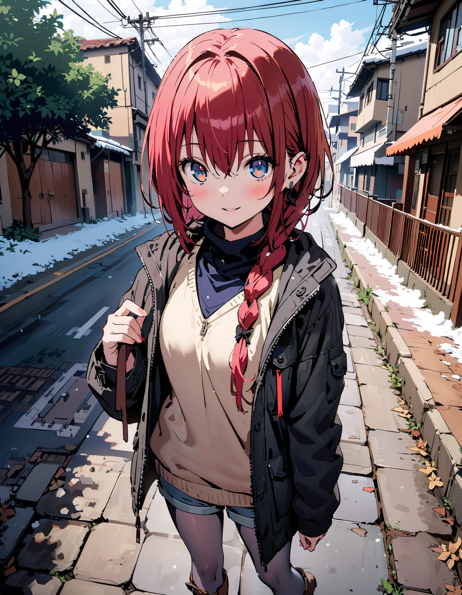 Kurosaki's thing , stupid hair,  blue eyes, Alone, braided,  hair intake, long hair, Red Hair, hair  braided,smile,blush, open their mouths, White Breath, down coat,black scarf , shorts that stand on only your feet,( sweater:1.2),( turtleneck:1.2),rib tights ,   grey pantyhose , boots,snow, standing,whole bodyがイラストに入るように,                                                                  break looking at viewer,whole body,
break outdoors,City,
break ( Masterpiece:1.2), top quality , kampala,unity 8k wallpaper,(shape:0.8),(  fine, beautiful eyes  :1.6),It's a person ,whole body写真,CG Details , ( perfect hand, Complete Anatomy),