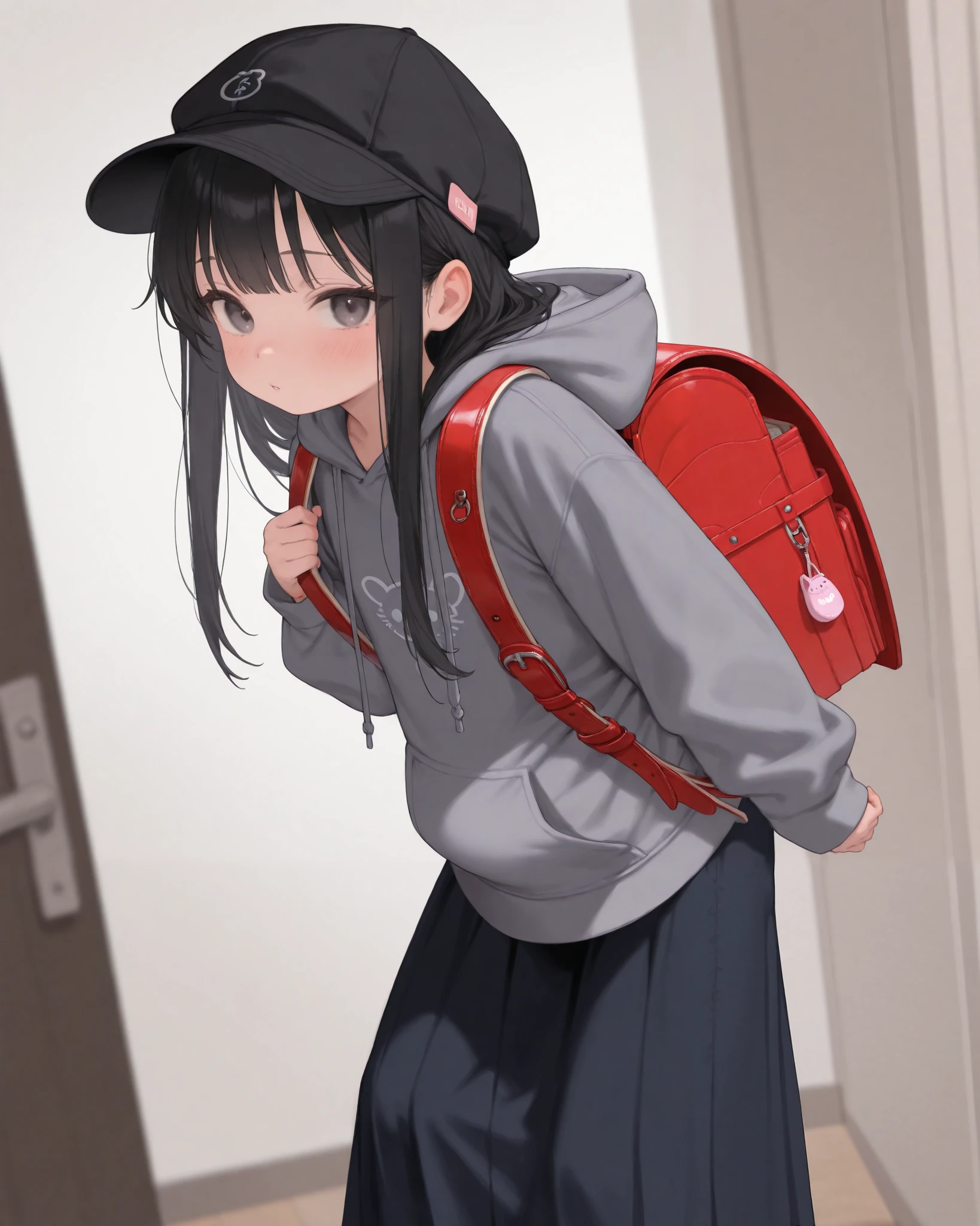 high quality, masterpiece, high resolution, 1 girl, , long hair, black hair, black cap, randoseru, oversized hoodie, pregnancy, long skirt, 