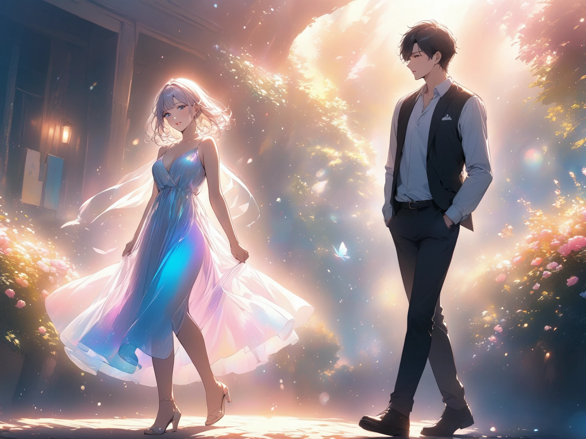 Masterpiece、 very detailed、 high quality、多くの賞を受賞した Masterpiece、 anatomically accurate、 full body portrait、 medium hair 、 anime style、 Accurate Description 、 top quality、 side view 、Full body portrait、 standing picture、 One beautiful and cute 25-year-old woman is walking on a large sunny prairie、 There are men with pretty faces walking side by side next to them 、The two are cuddling and holding hands、Men are about one head taller than women 、 a gentle breeze is blowing、彼女の顔は最 high qualityです、 Beautifully drawn lips . faint glow 、 The texture and depth of the painting is breathtakingly beautiful , The lighting is soft and diffuse , gentle light spreads in all directions , she wears an elegant dress 、優Shii profile 、Also々Shii profile 、Passionate Eyes 、Gentle colors、 Soft light 、 Soft blending( Masterpiece)、最 high quality、Beautifully detailed smiles