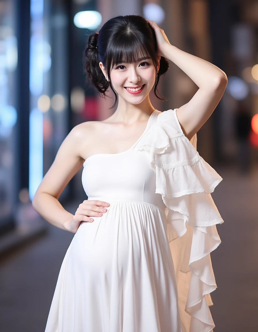 a pregnant korean woman on the beach,medium length black hair with bangs,red and black form fitting off the shoulder short knee length wedding dress,rose headband,full body view,best quality,4k,8k,highres,masterpiece:1.2,ultra-detailed,realistic,photorealistic,photo-realistic:1.37,HDR,UHD,studio lighting,ultra-fine painting,sharp focus,physically-based rendering,extreme detail description,professional,vivid colors,bokeh,portrait