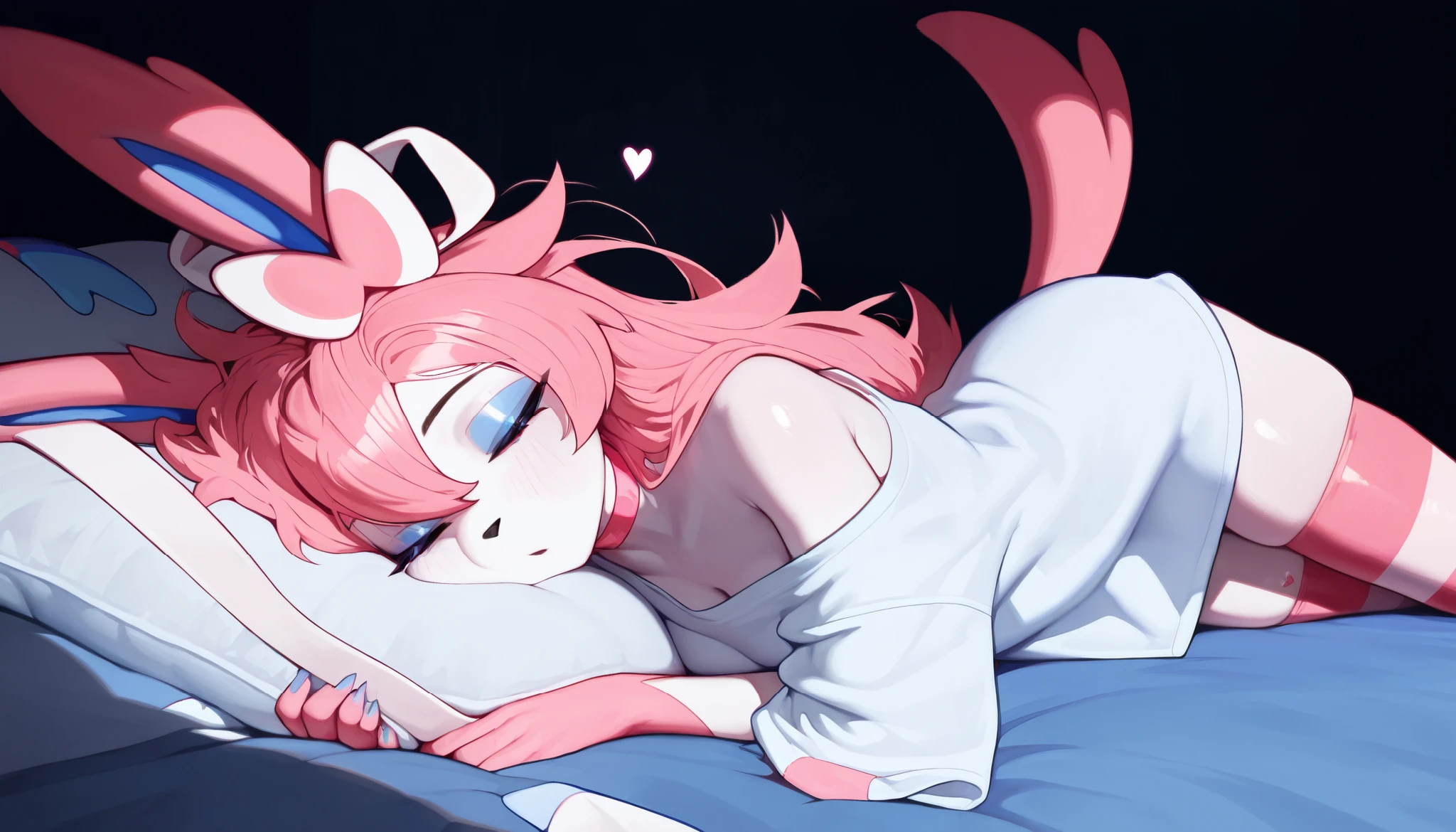 1girl, Sylveon \(pokemon\), pokemon \(creature\), Sylveon, furry female, white fur, closed eyes, tail, breasts, white t-shirt, oversized clothes, baggy shirt, pink choker, single off shoulder, contrast lighting, side lighting, masterpiece, best quality, newest, absurdres, highres, amazing quality, very aesthetic, bedroom setting, long hair, pink hair (cyan highlights), messy hair, heart-shaped pupils, face focus, face in pillow, on stomach, on bed, sleeping, (pink striped stockings)