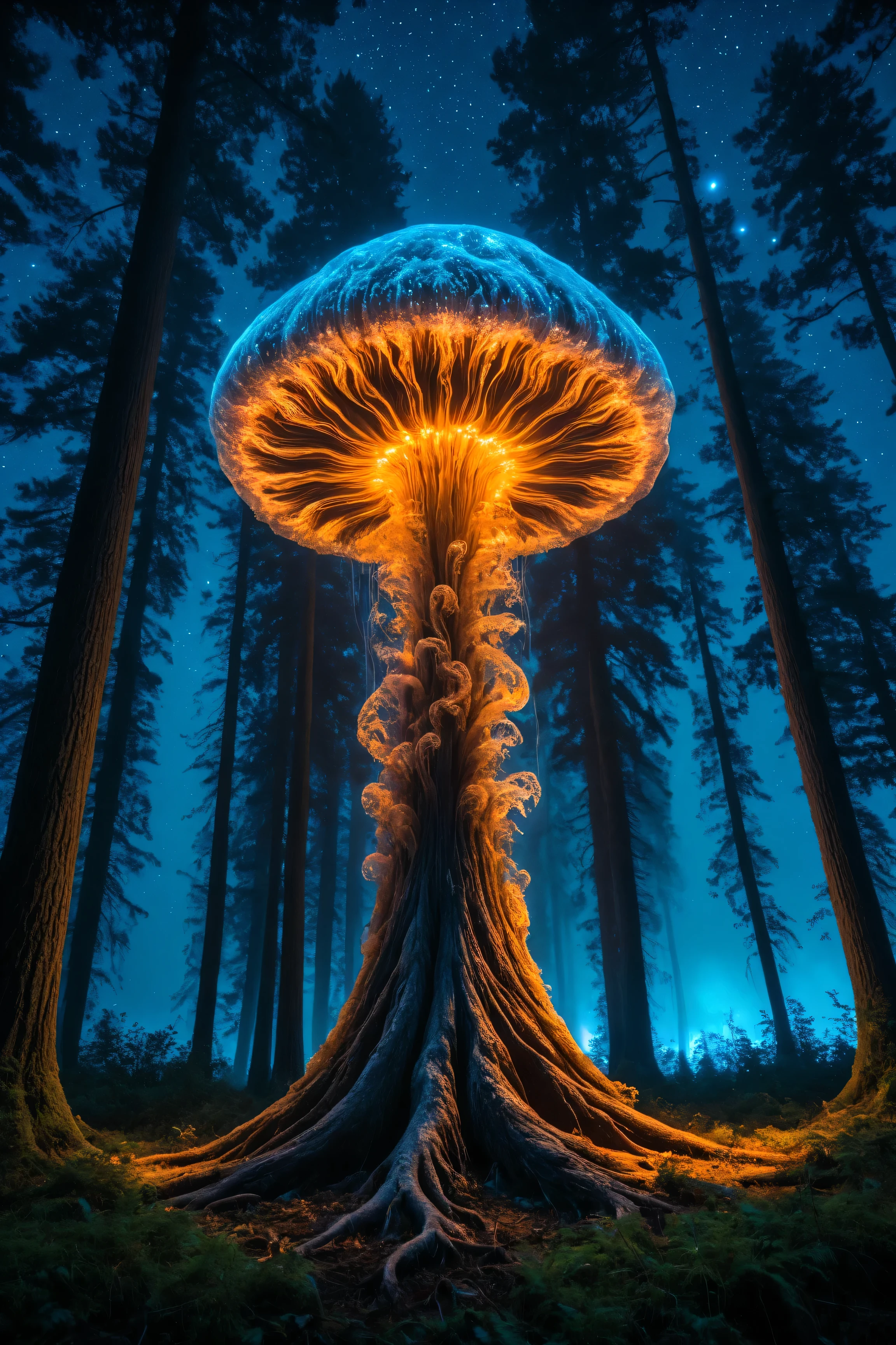 A vibrant forest glade illuminated by a glowing (night sky), featuring a surreal scene of bioluminescent mushroom jellyfish gracefully among towering ancient trees. The jellyfish, resembling large translucent mushrooms with slimy, glowing caps in hues of electric blue, neon orange or pink, and soft pink, [drift lazily in the cool night air]. Their long, trailing tendrils shimmer with a silky, luminescent texture. The trees, with their gnarled bark and moss-covered trunks, stand tall and majestic, their leaves catching the soft light of the jellyfish. A shallow stream winds through the scene, its (crystal-clear water) reflecting the colorful glow of the sky and the jellyfish, creating a mesmerizing kaleidoscope of light. The atmosphere is tranquil yet magical, with a sense of wonder and mystery.  35mm SLR angle capturing the jellyfish at eye level as they hover above the ground, with the forest stretching into the background. The bright sky above is filled with swirling constellations, adding to the otherworldly ambiance. The overall mood is serene and enchanting, evoking a dreamlike escape into a fantastical natural world.