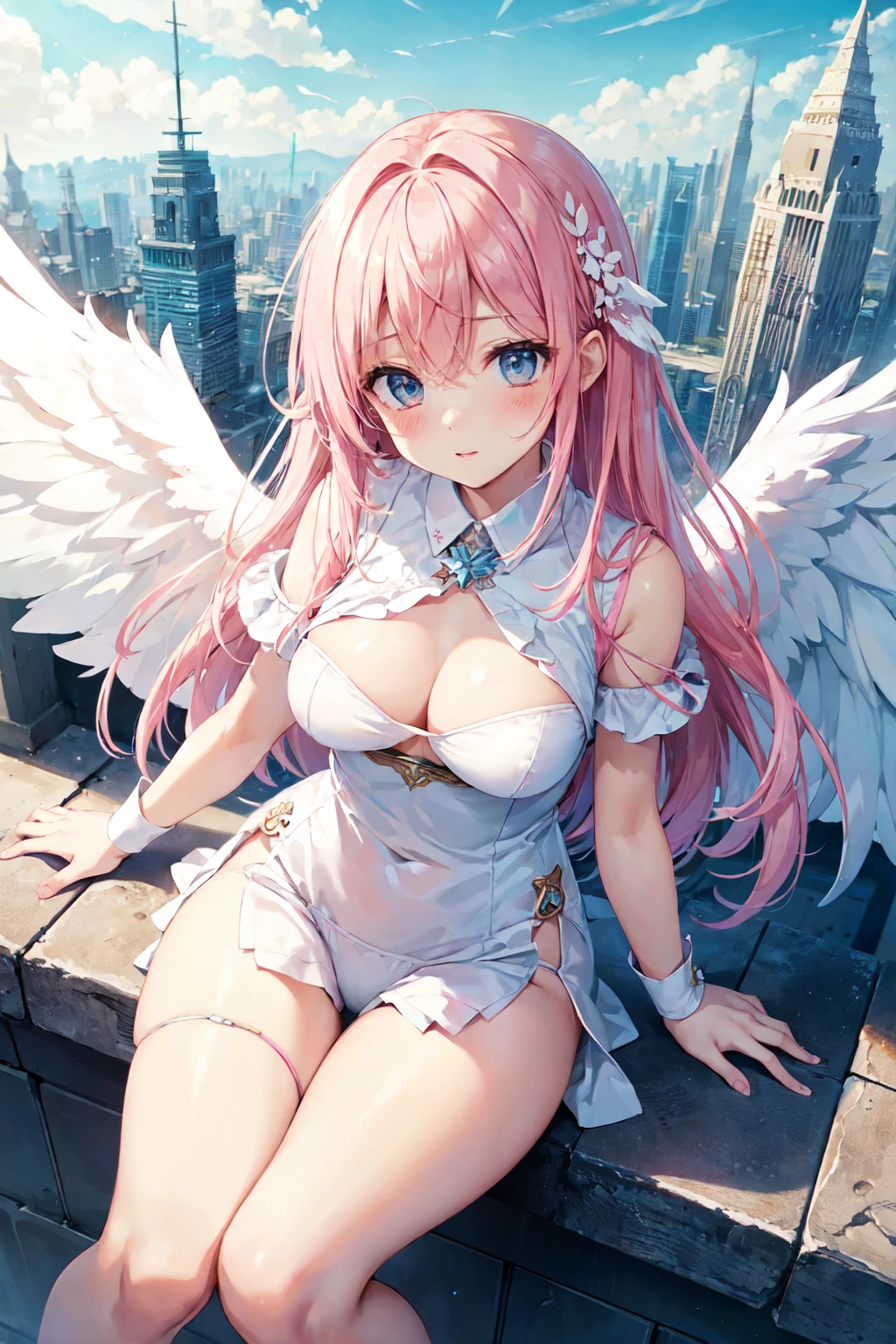 ((best quality)), ((masterpiece)), (detailed), 1girl, sexy
1girl, 独奏, long hair, breasts, looking at viewer, blush, smile, (Slightly parted lips, Sexy thick lips, Bare lips, Glossy Lips, fluffy lips), Perfect hands,, Blue eyes, skirt, blonde hair, large breasts, shirt, thighhighs,(Transparent nipples, Big cleavage, Plump and shiny breasts:1.2) ,(White angel wings on the left and right of the upper back:1.2) ,(Sheer pink nipples:1.2) long sleeves, navel, hair between eyes, bare shoulders, twintails, :d, cowboy shot, pleated skirt, detached sleeves, necktie, midriff, collared shirt, miniskirt, wide sleeves, stomach, white thighhighs, zettai ryouiki, crop top, underboob, garter straps, white skirt
