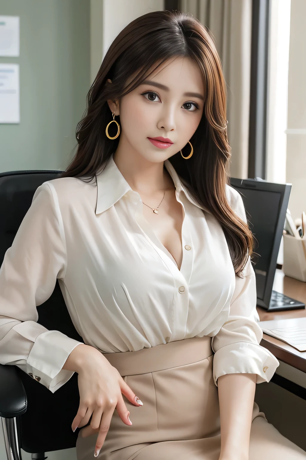 The best quality at its best, Realistically, Super detailed, More about pubic hair, High resolution, 8k wallpaper, One beautiful woman, Pink wet lips, Light brown messy hair, see-through dress shirt、Please wear a suit and a short skirt., Lock focus, Perfect dynamic composition, Beautiful Eyes, Delicate Hair, Detailed Realistically skin texture, smile, Close-up portrait, Model Body Type, In a nostalgic office, Blurred Background, (Full Body Shot), Shooting from a distance,