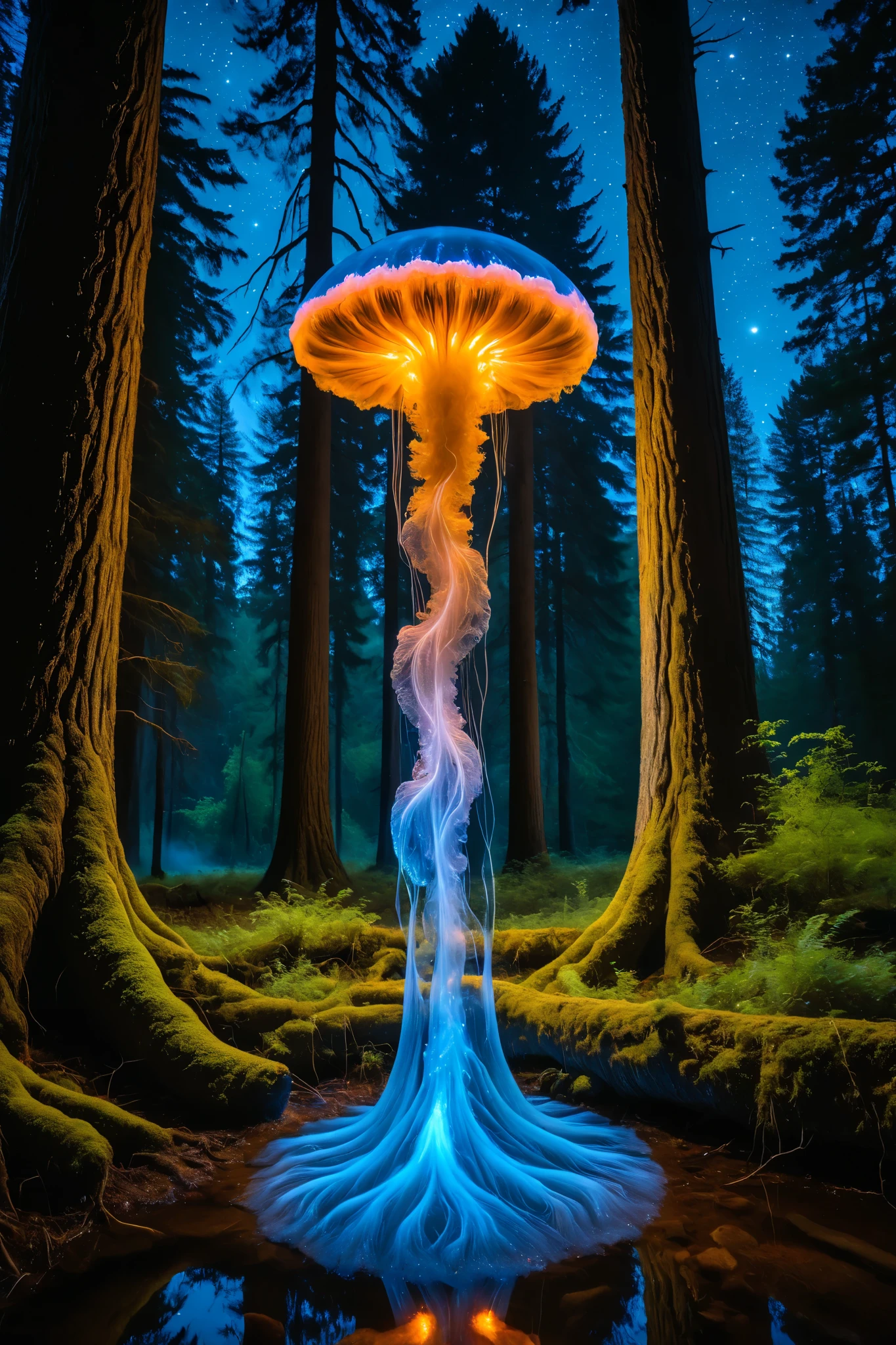 A vibrant forest glade illuminated by a glowing (night sky), featuring a surreal scene of bioluminescent mushroom jellyfish rising from gracefully the ground among towering ancient trees. The jellyfish, resembling large translucent mushrooms with slimy, glowing caps in hues of electric blue, some soft neon  orange and some pink, and soft pink, [drift lazily in the cool night air]. Their long, trailing tendrils shimmer with a silky, luminescent texture. Some water on earth. The trees, with their gnarled bark and moss-covered trunks, stand tall and majestic, their leaves catching the soft light of the jellyfish. A shallow stream winds through the scene, its crystal-clear water reflecting the colorful glow of the sky and the jellyfish, creating a mesmerizing kaleidoscope of light. The atmosphere is tranquil yet magical, with a sense of wonder and mystery.  50mm SLR angle capturing the jellyfish at eye level as they hover above the ground, with the forest stretching into the background. The bright sky above is filled with swirling constellations, adding to the otherworldly ambiance. The overall mood is serene and enchanting, evoking a dreamlike escape into a fantastical natural world.