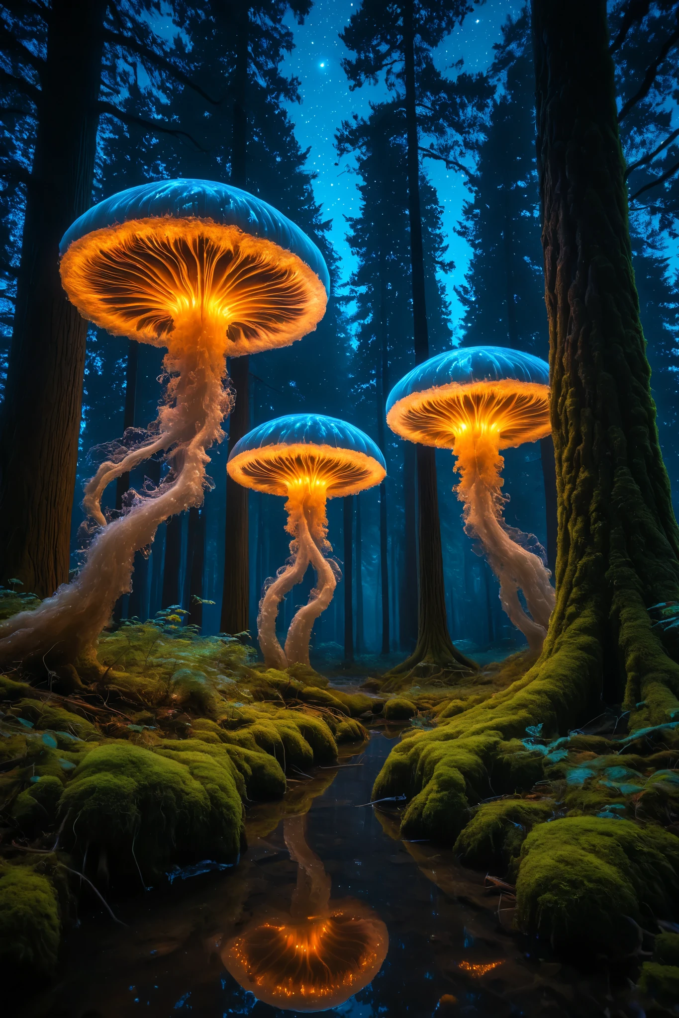A vibrant forest glade illuminated by a glowing (night sky), featuring a surreal scene of bioluminescent mushroom jellyfish rising from gracefully the ground among towering ancient trees. The jellyfish, resembling large translucent mushrooms with slimy, glowing caps in hues of electric blue, soft neon  orange, and soft pink, [drift lazily in the cool night air]. Their long, trailing tendrils shimmer with a silky, luminescent texture. Some water on earth. The trees, with their gnarled bark and moss-covered trunks, stand tall and majestic, their leaves catching the soft light of the jellyfish. A shallow stream winds through the scene, its crystal-clear water reflecting the colorful glow of the sky and the jellyfish, creating a mesmerizing kaleidoscope of light. The atmosphere is tranquil yet magical, with a sense of wonder and mystery.  50mm SLR angle capturing the jellyfish at eye level as they hover above the ground, with the forest stretching into the background. The bright sky above is filled with swirling constellations, adding to the otherworldly ambiance. The overall mood is serene and enchanting, evoking a dreamlike escape into a fantastical natural world.